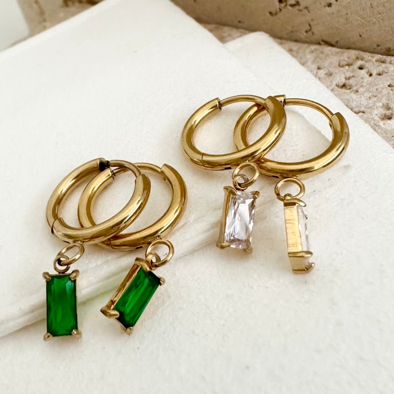 Luxe Drop Huggie Earrings - Emerald-EVER Jewellery-stride