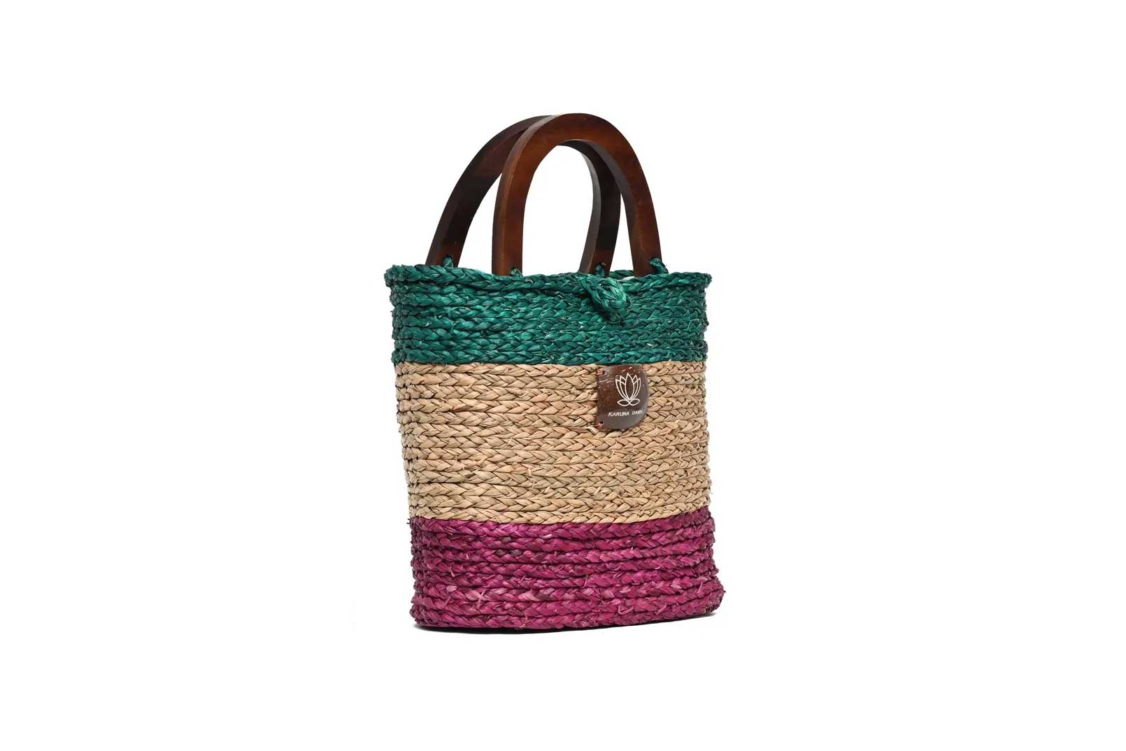 Wooden Handle Bag - Sea Green Turquoise, Natural & Pink (without lining)-Karuna Dawn-stride