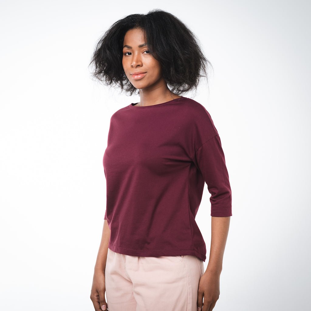 Boat Neck 3/4 Sleeve Top | Burgundy - Dorsu - stride