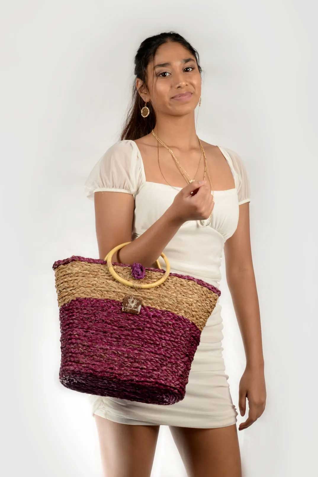 Cane Handle Bag - Pink & Natural-Karuna Dawn-stride