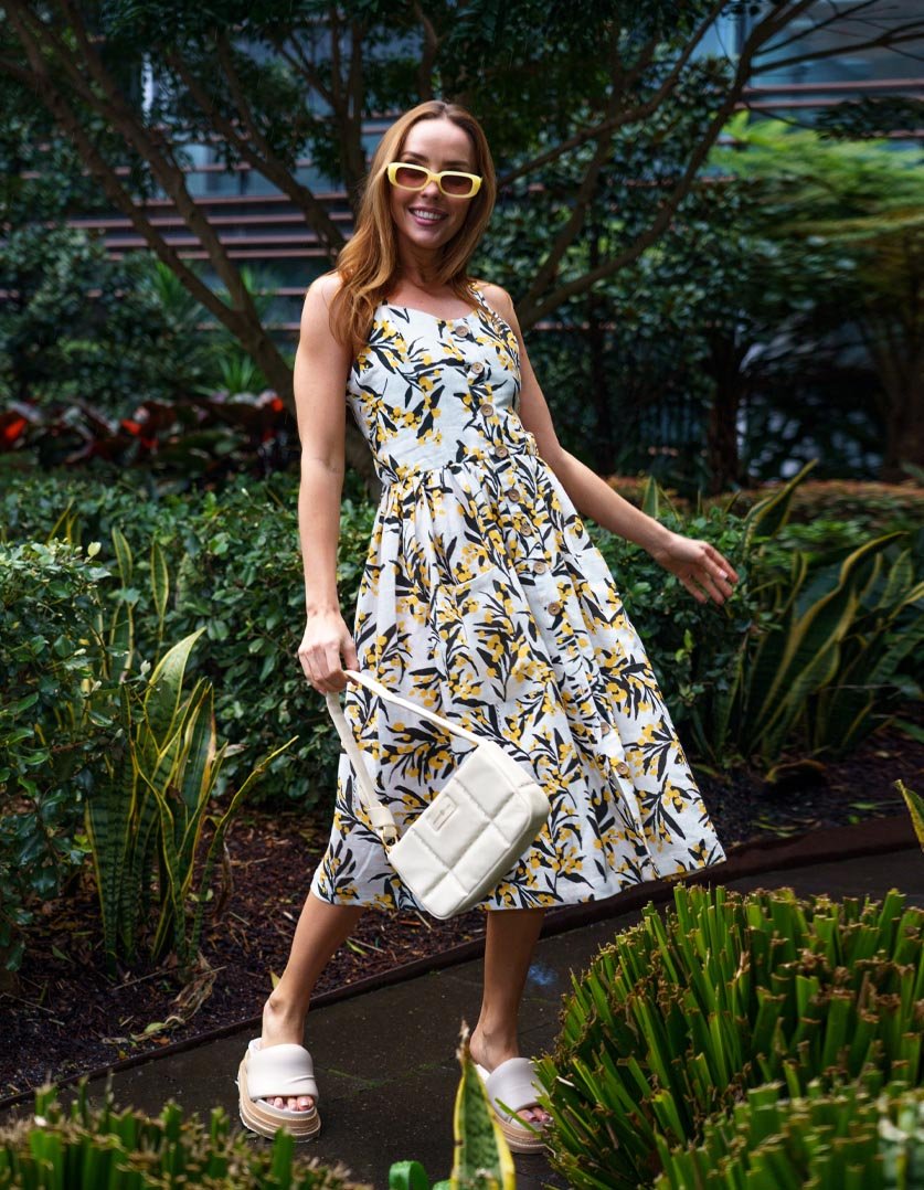 Catherine Dress Golden Wattles in Organic Cotton - Devoi - stride