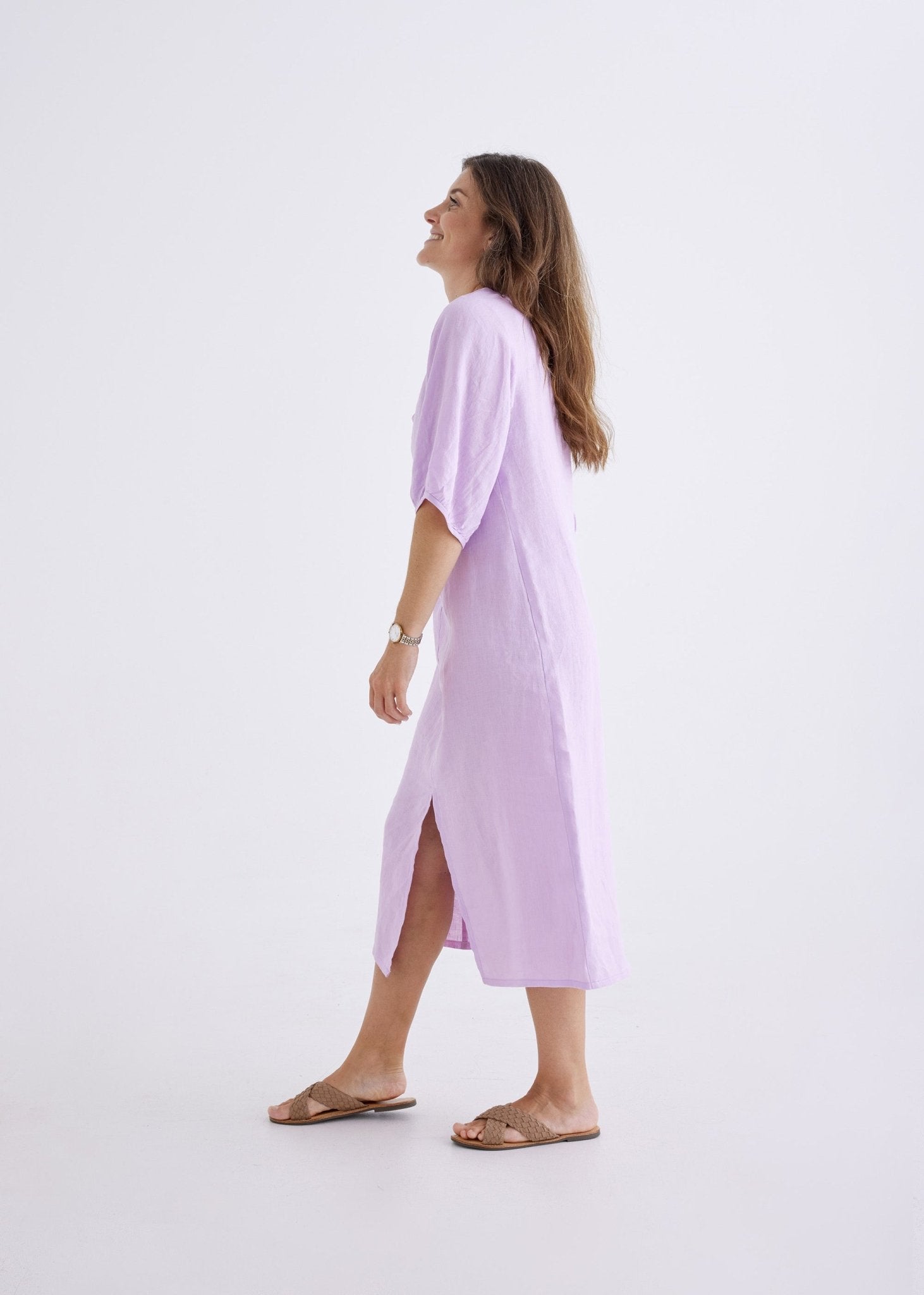 Elena Linen Dress in Lilac-Devina Louise-stride
