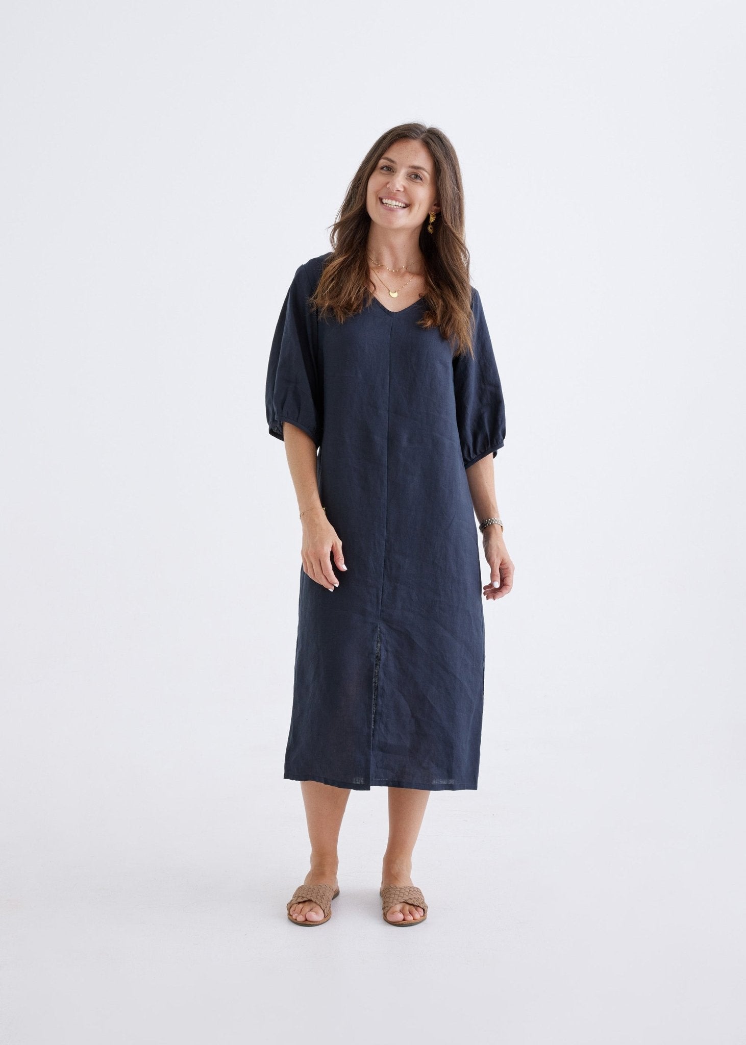 Elena Linen Dress in Navy-Devina Louise-stride