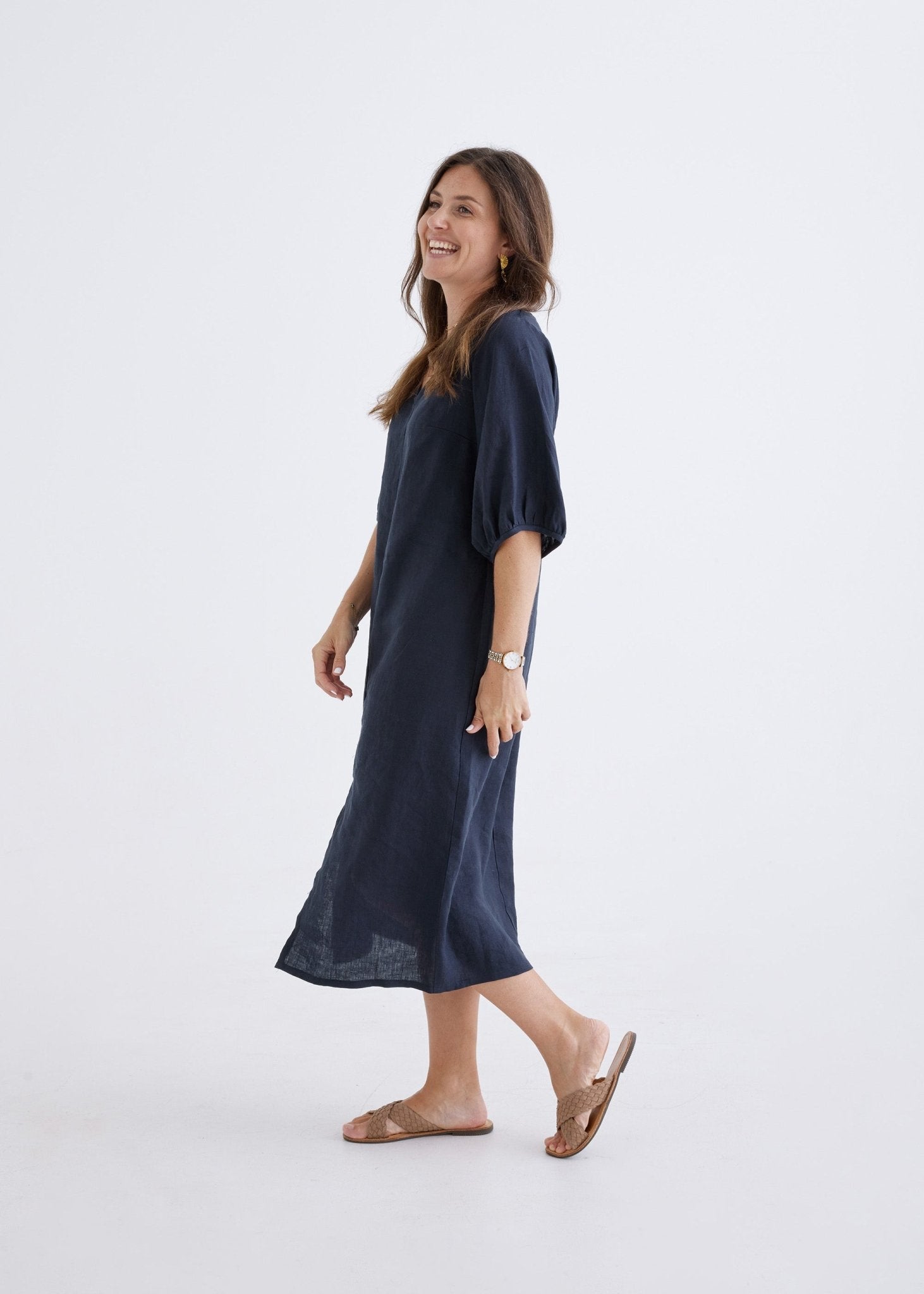 Elena Linen Dress in Navy-Devina Louise-stride