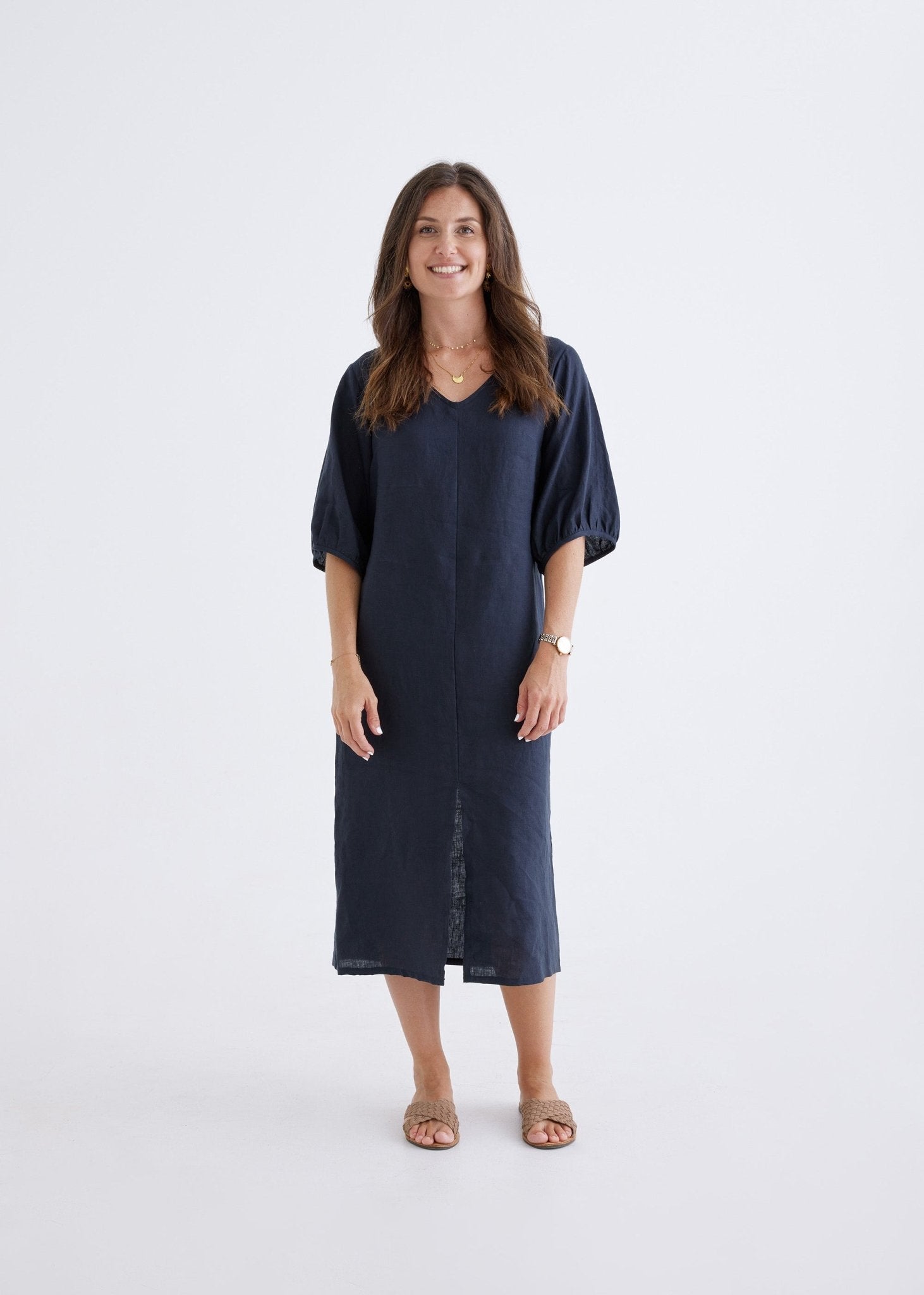 Elena Linen Dress in Navy-Devina Louise-stride