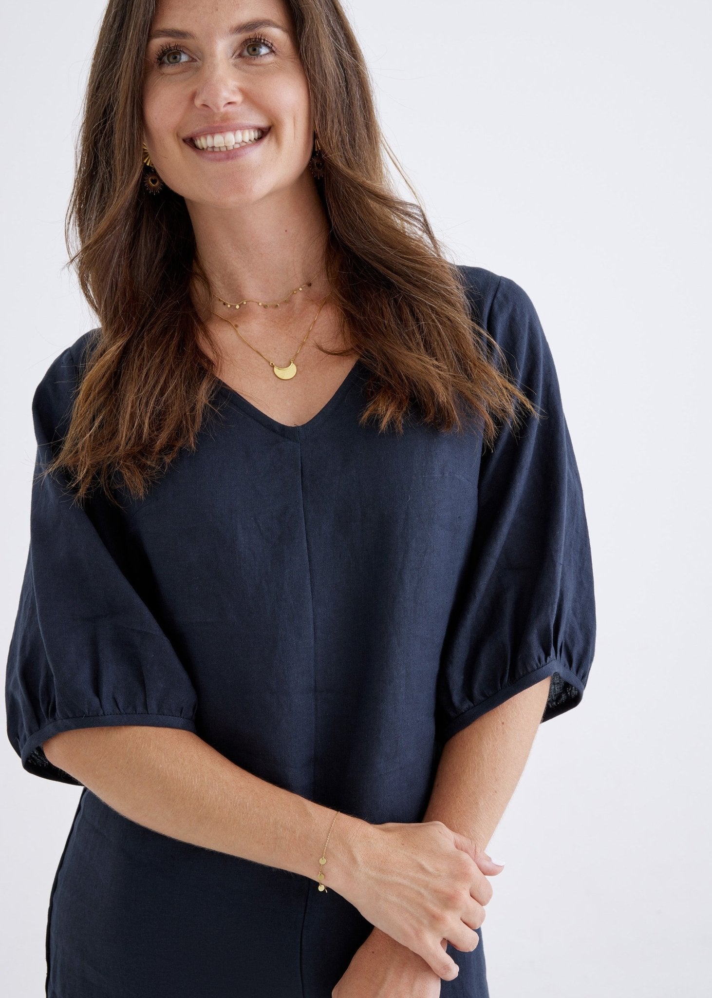 Elena Linen Dress in Navy-Devina Louise-stride