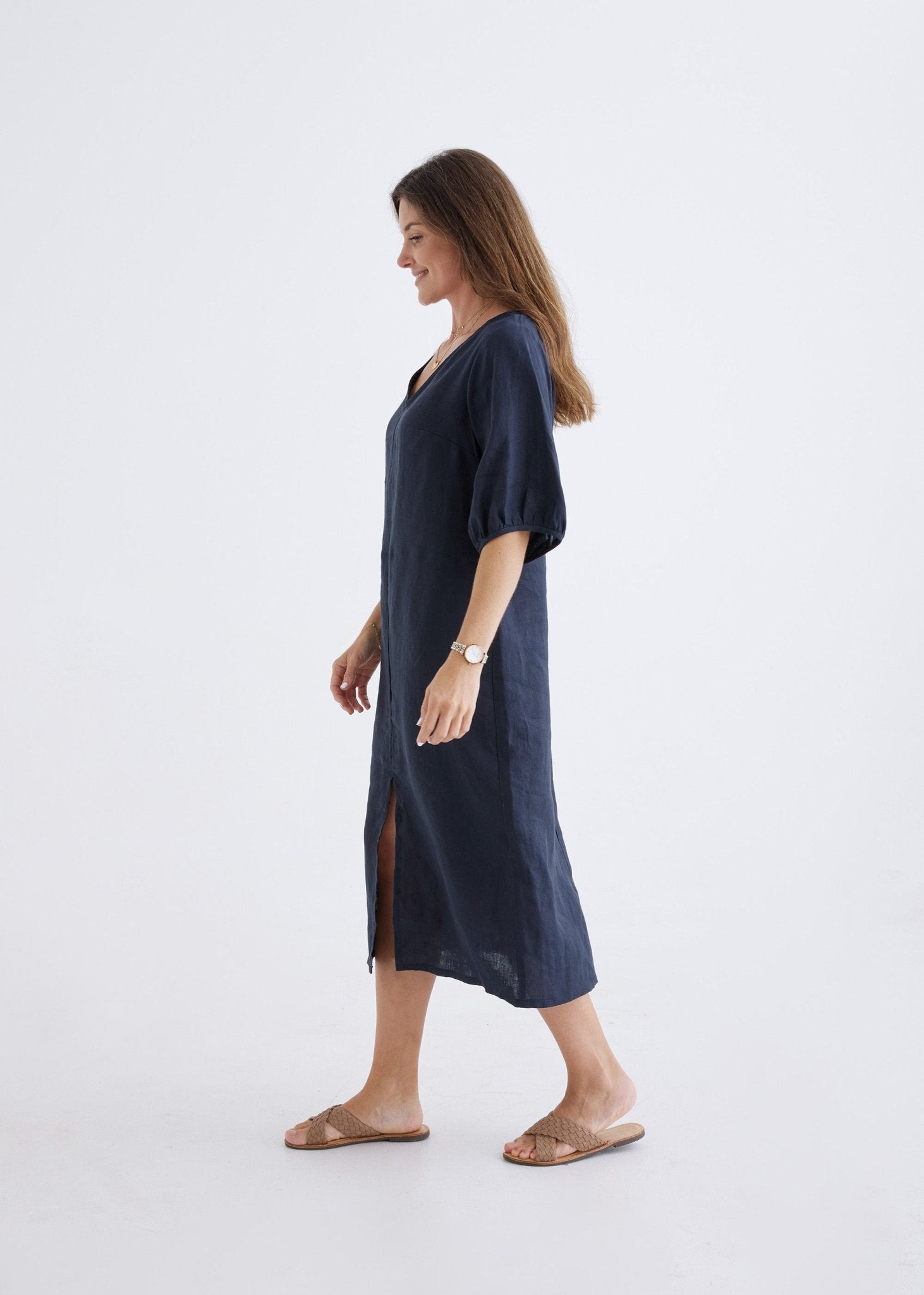 Elena Linen Dress in Navy-Devina Louise-stride