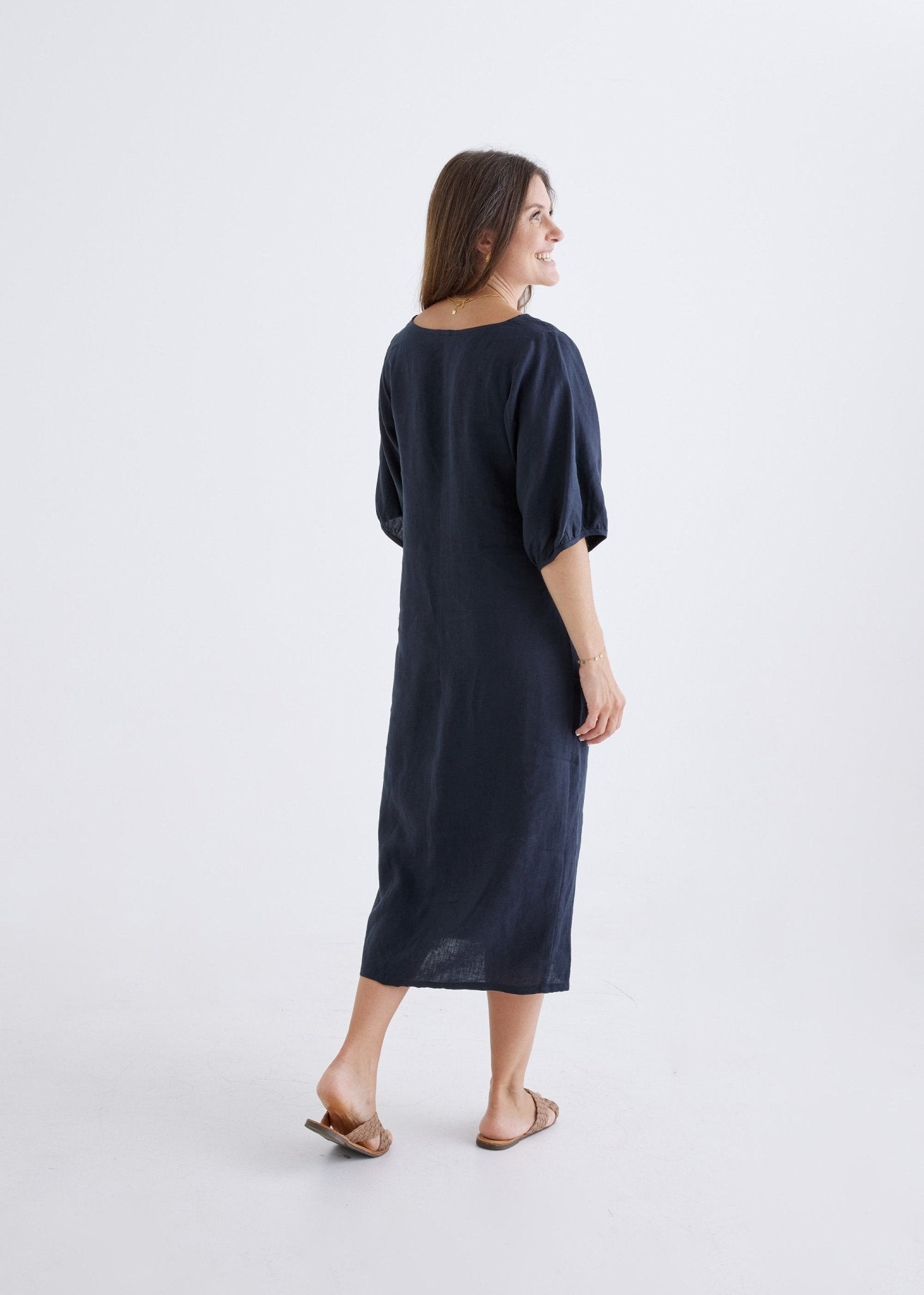 Elena Linen Dress in Navy-Devina Louise-stride