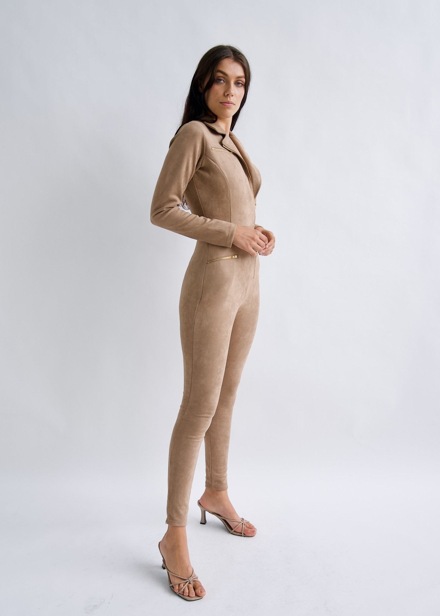 "Emma Peel" Mocha Faux Suede Jumpsuit - Why Mary - stride