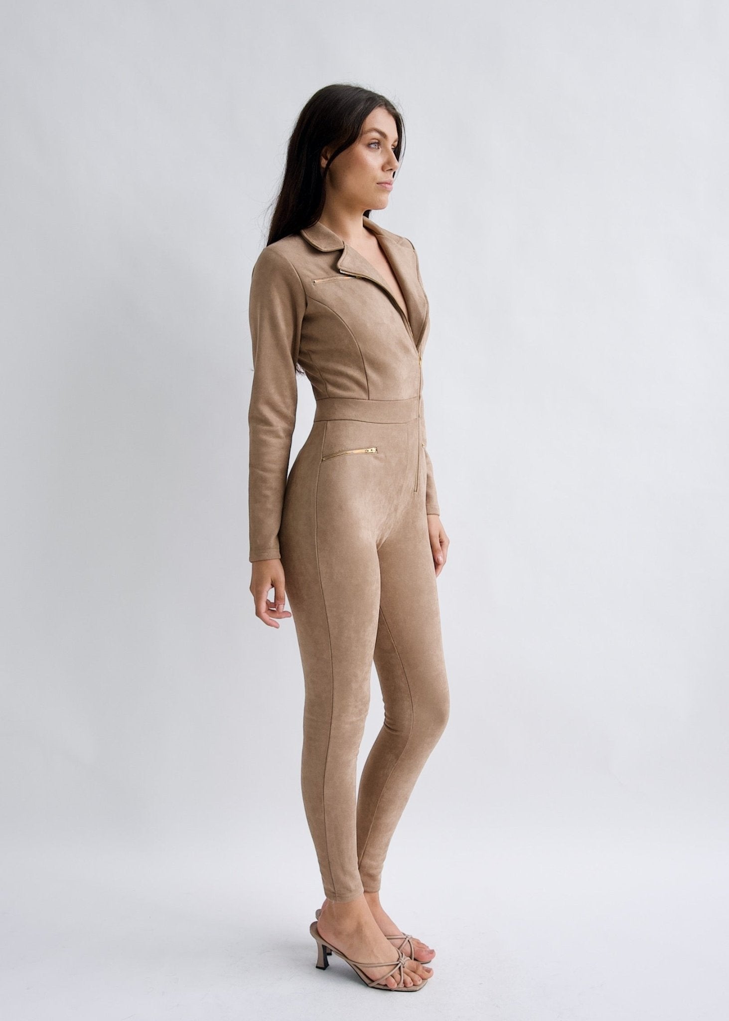 "Emma Peel" Mocha Faux Suede Jumpsuit - Why Mary - stride