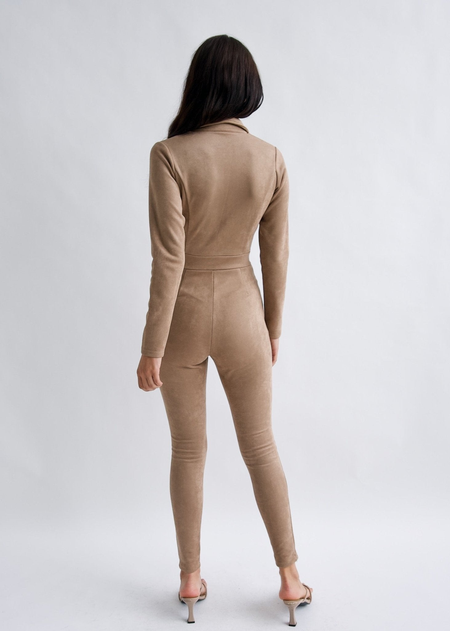 "Emma Peel" Mocha Faux Suede Jumpsuit - Why Mary - stride
