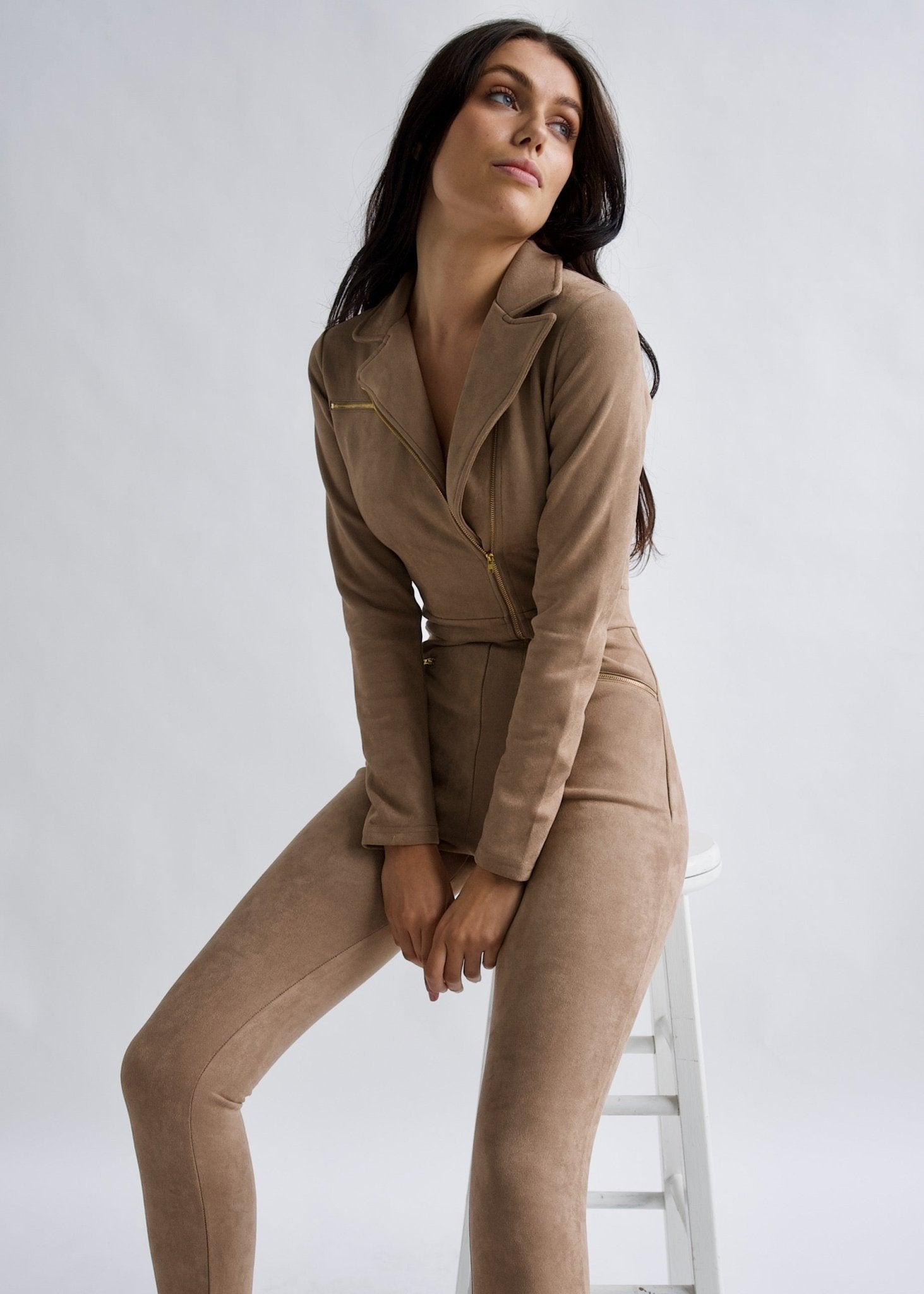 "Emma Peel" Mocha Faux Suede Jumpsuit - Why Mary - stride