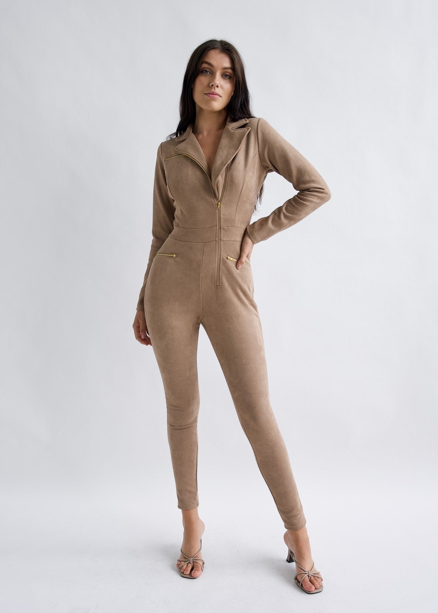 "Emma Peel" Mocha Faux Suede Jumpsuit - Why Mary - stride