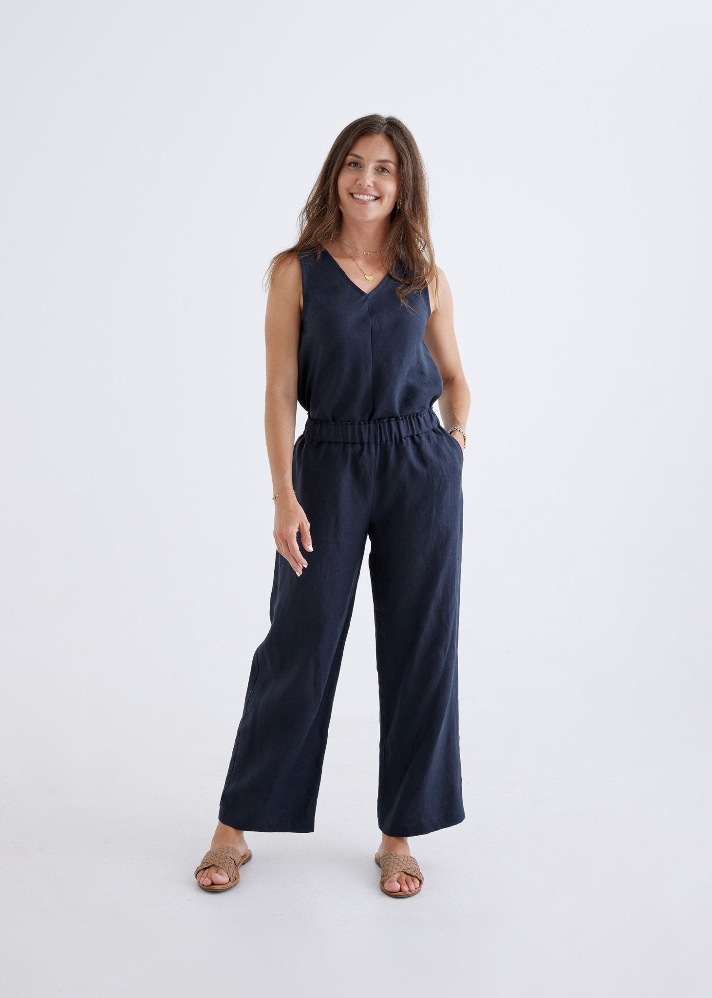 Lana Linen Pants in Navy-Devina Louise-stride