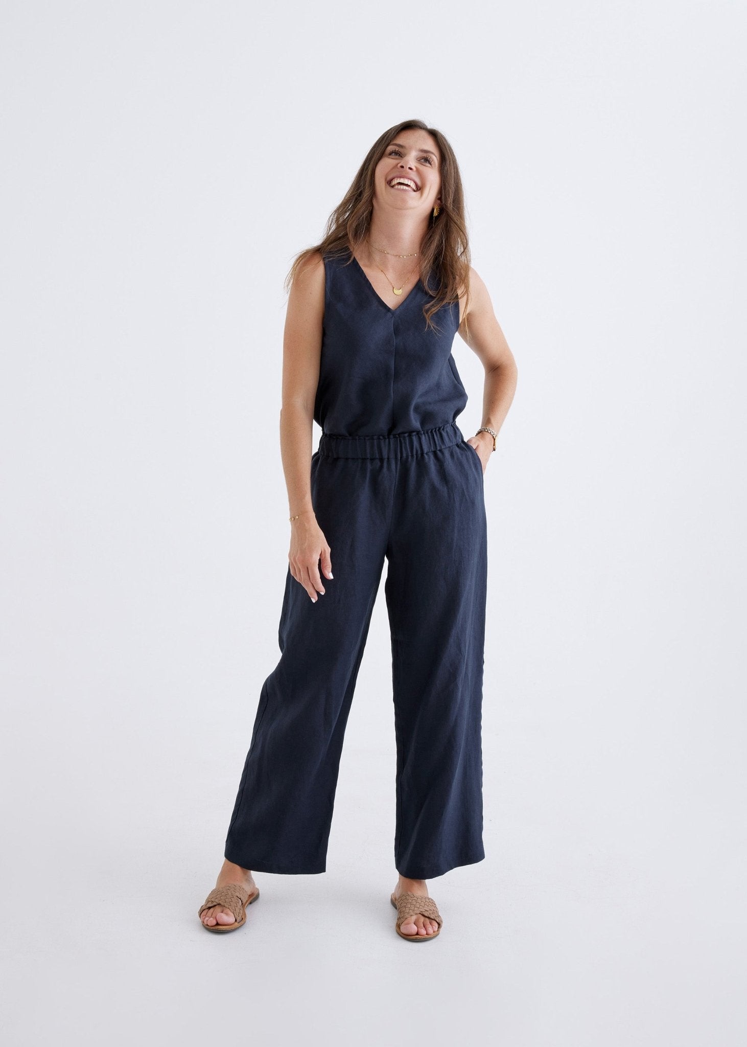 Lana Linen Pants in Navy-Devina Louise-stride