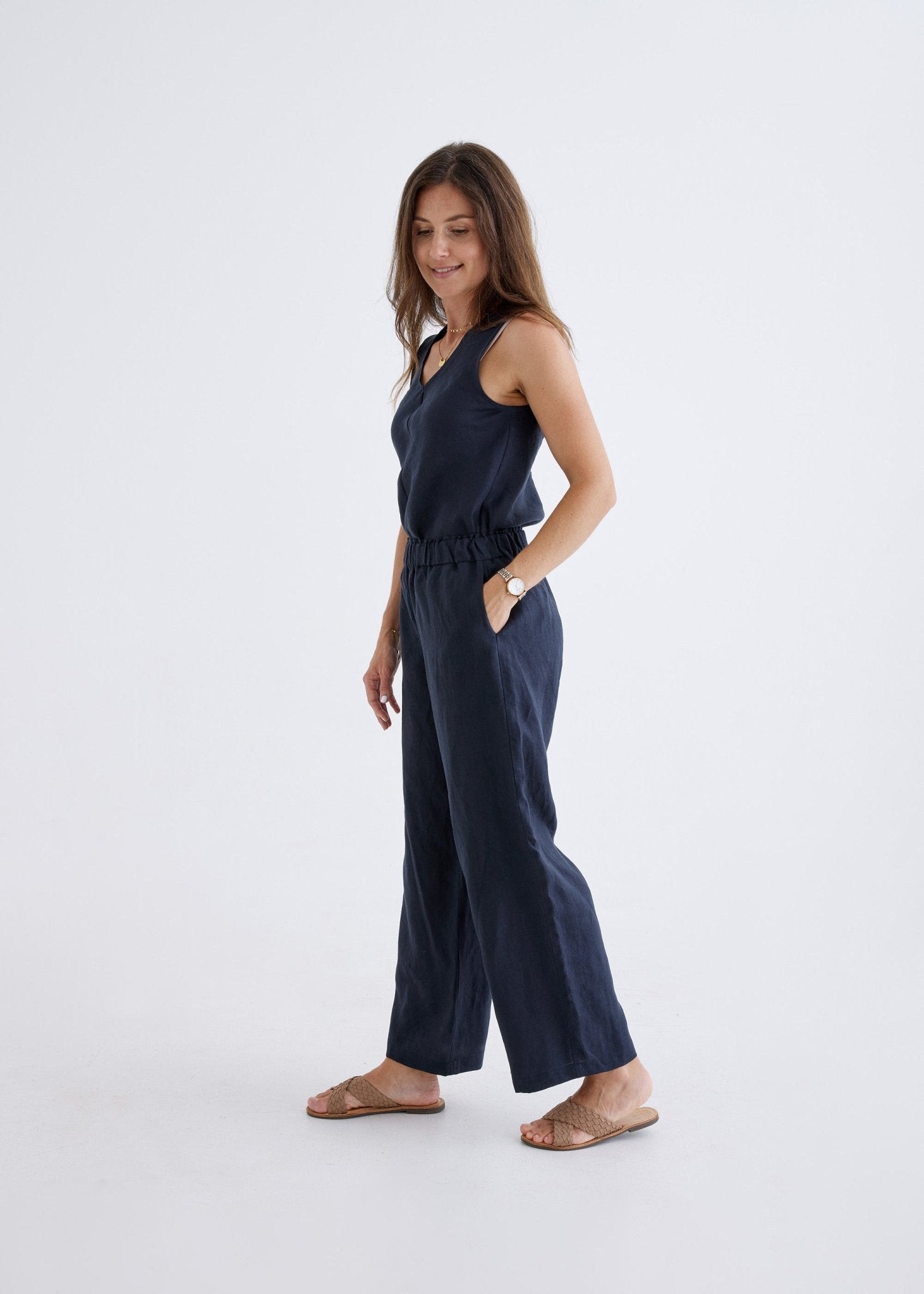 Lana Linen Pants in Navy-Devina Louise-stride