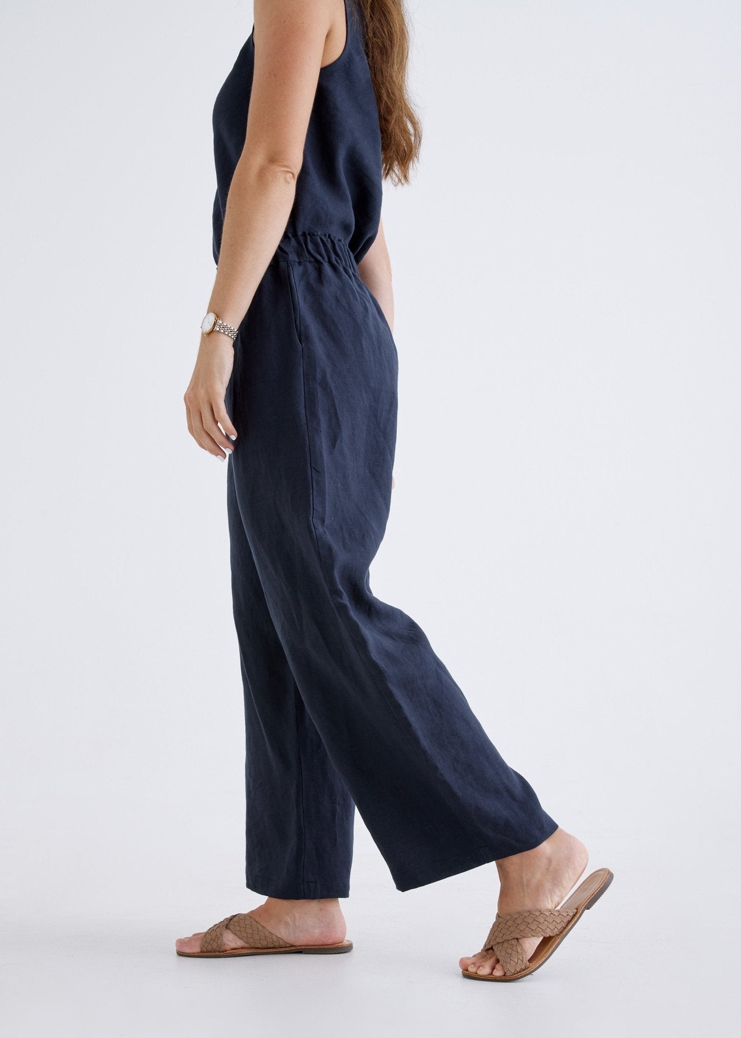 Lana Linen Pants in Navy-Devina Louise-stride