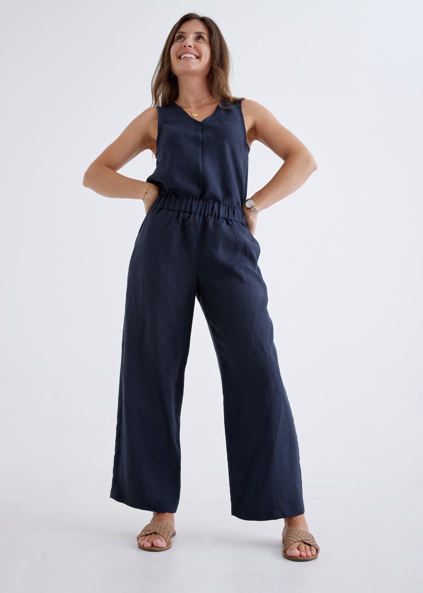 Lana Linen Pants in Navy-Devina Louise-stride