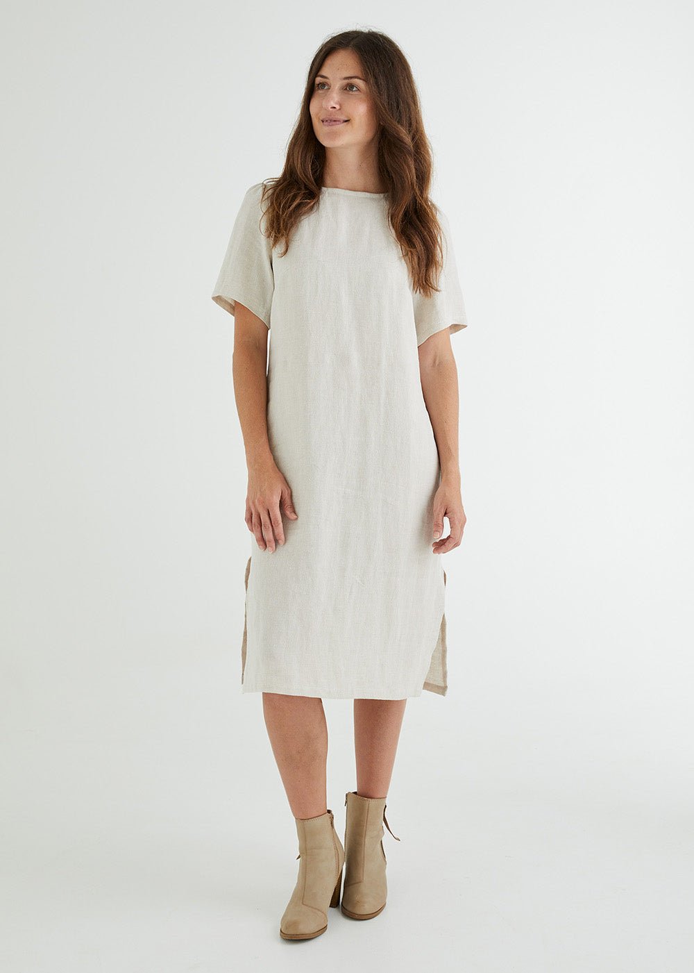 Lucy Linen Dress in Natural-Devina Louise-stride