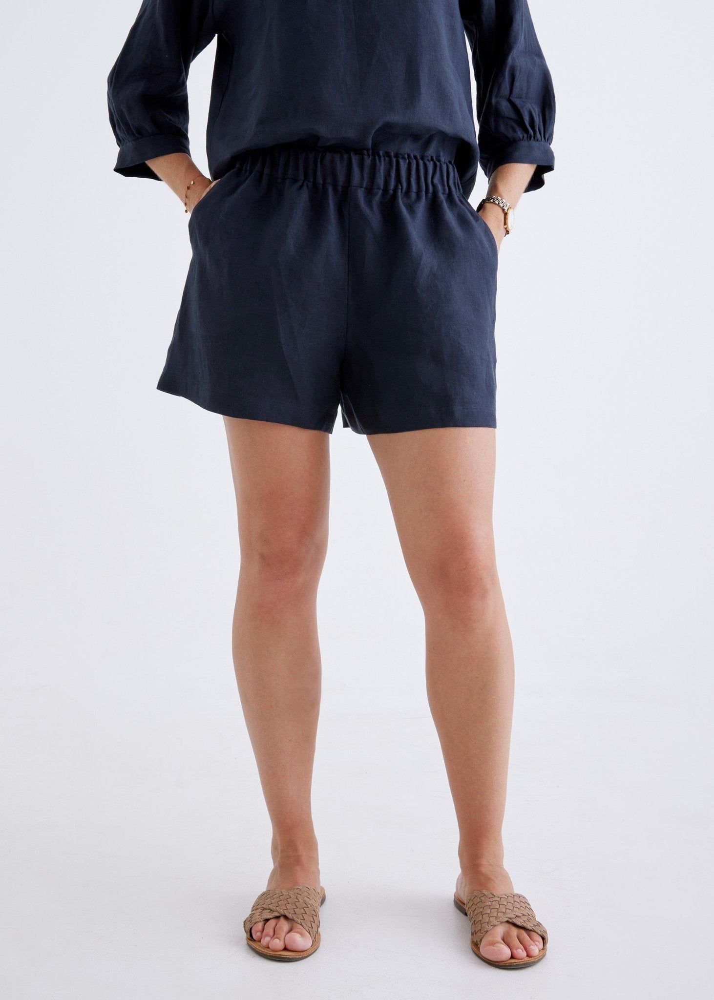 Marley Linen Shorts in Navy-Devina Louise-stride