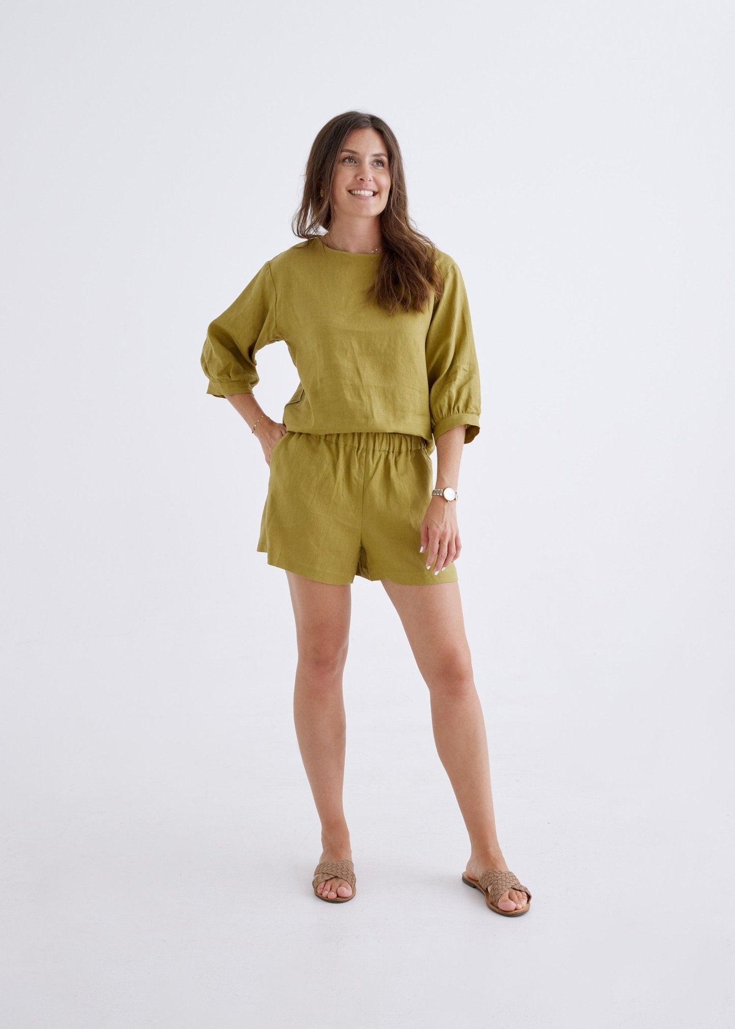 Marley Linen Shorts in Olive-Devina Louise-stride