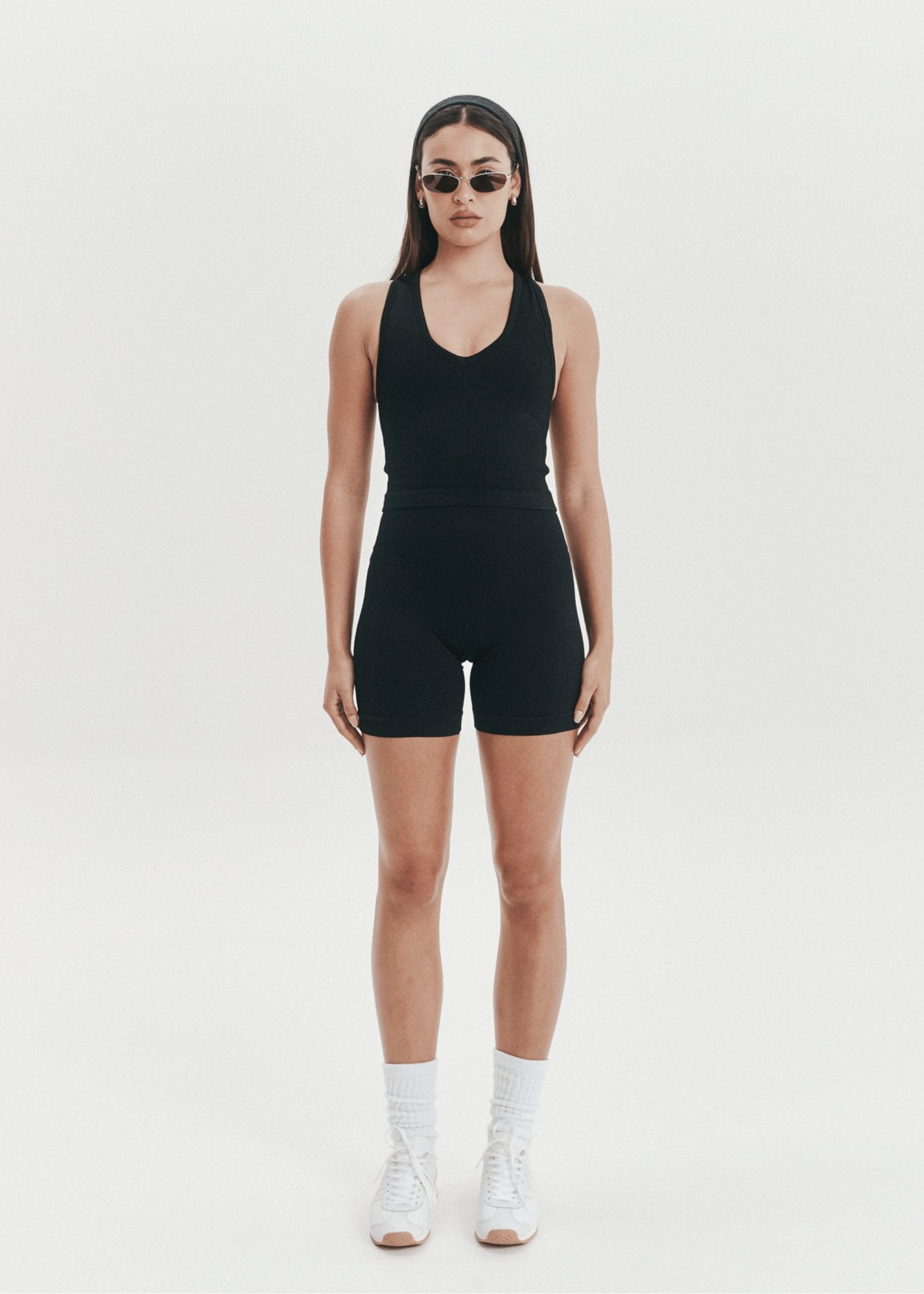 V - Neck Cropped Tank - Onyx Black - Pinky & Kamal - stride