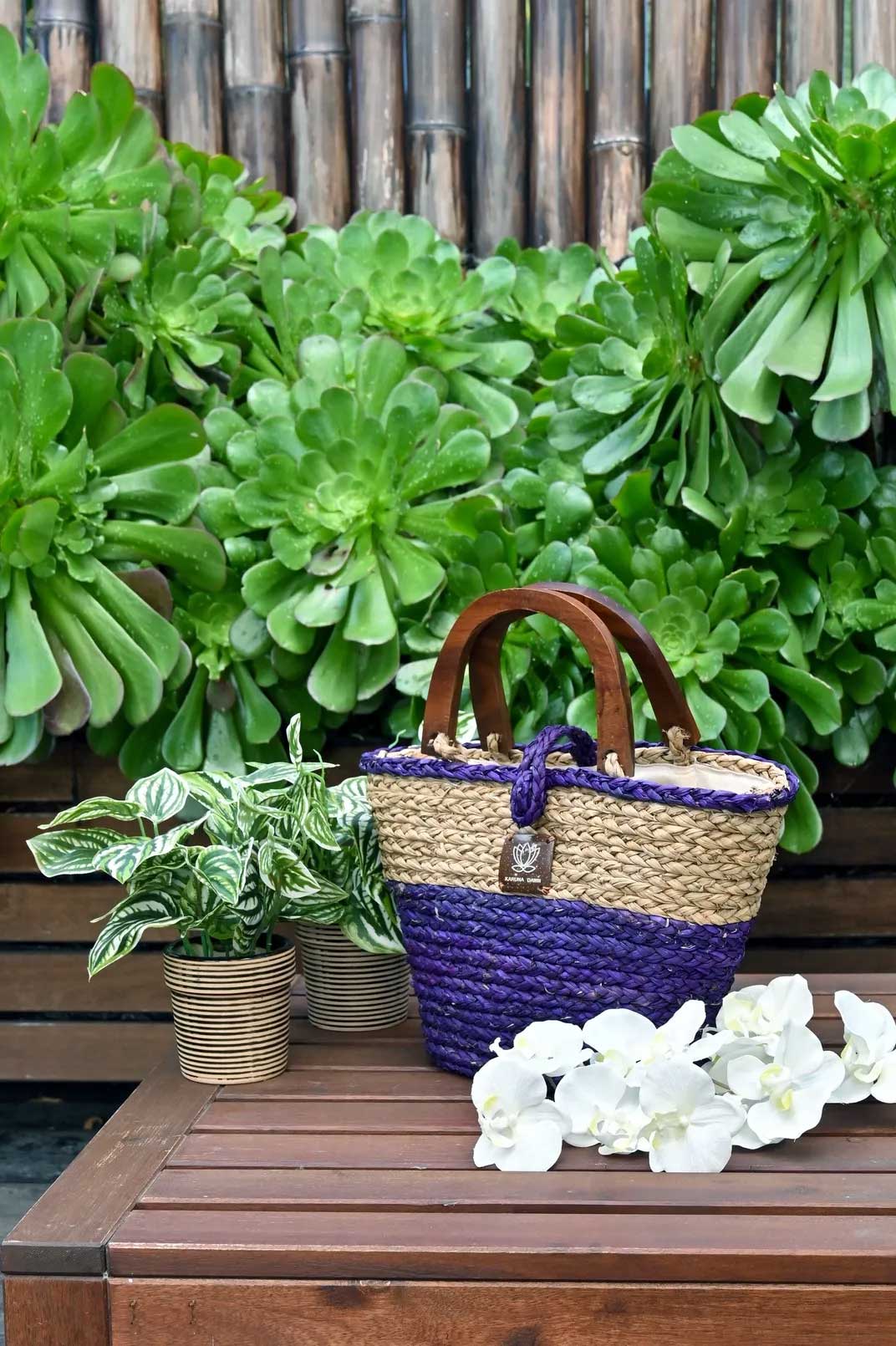Wooden Handle Bag - Purple & Natural-Karuna Dawn-stride