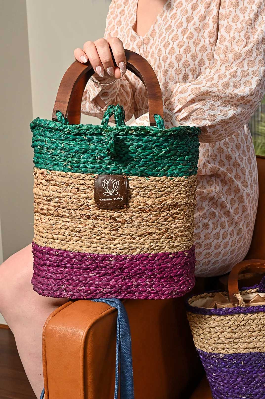 Wooden Handle Bag - Sea Green Turquoise, Natural & Pink-Karuna Dawn-stride