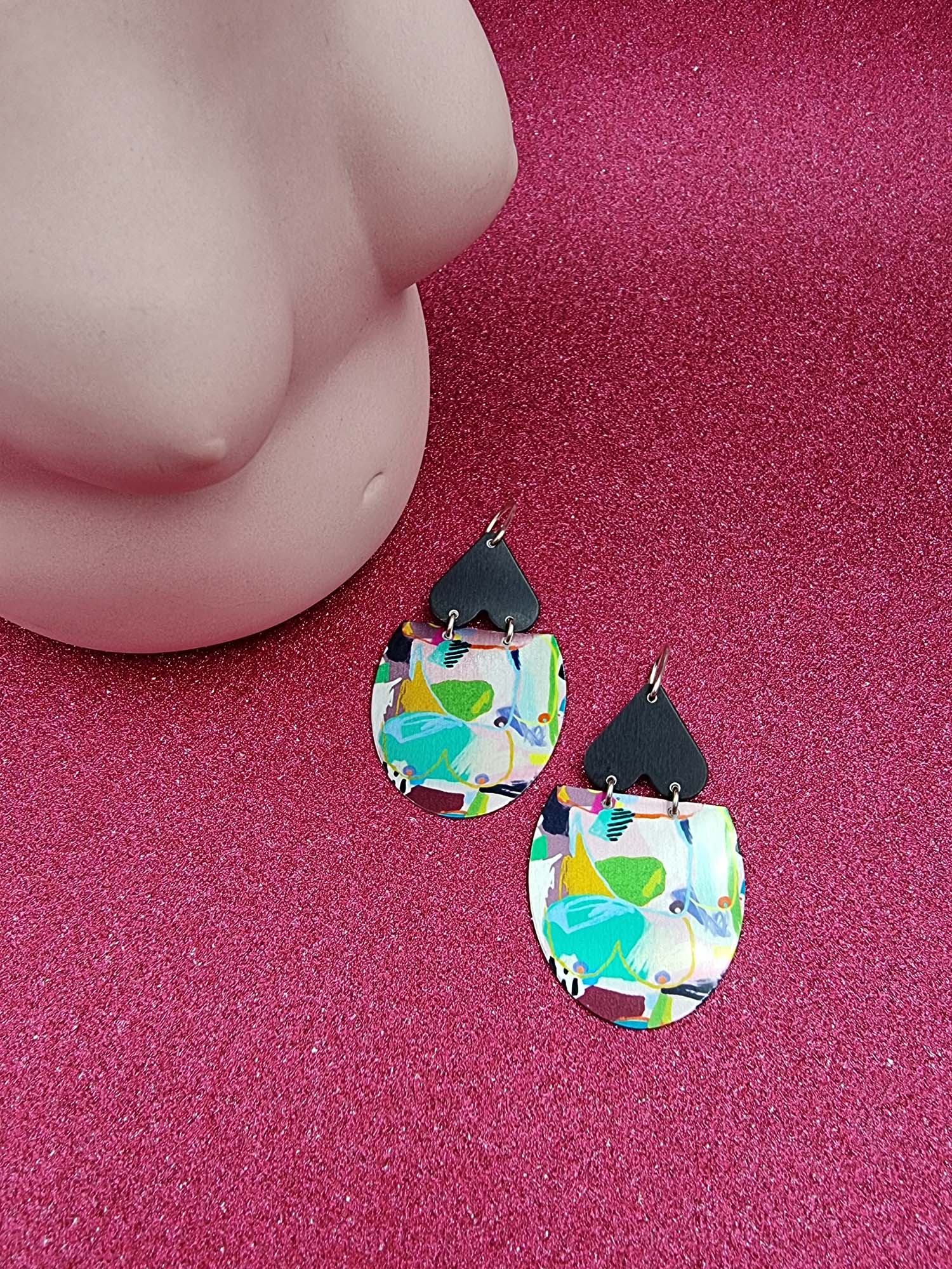 A BREAST FRIENDS - black heart 1/2 oval earrings-Erin K Jewellery-stride