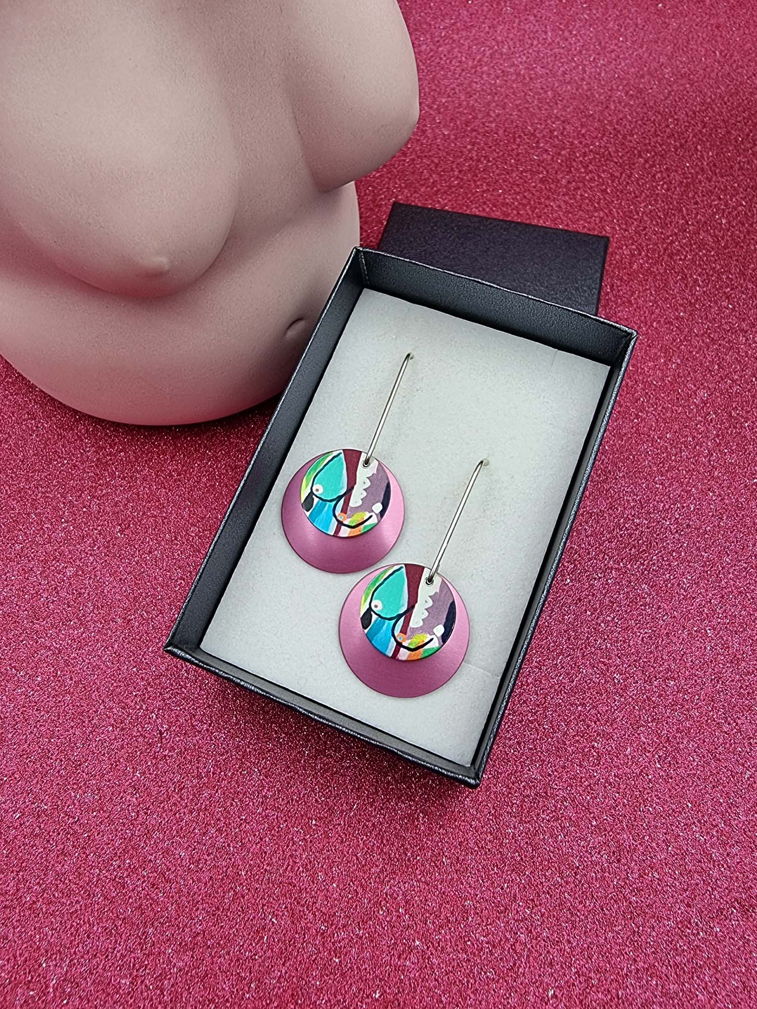 A BREAST FRIENDS - long hook disc earrings-Erin K Jewellery-stride