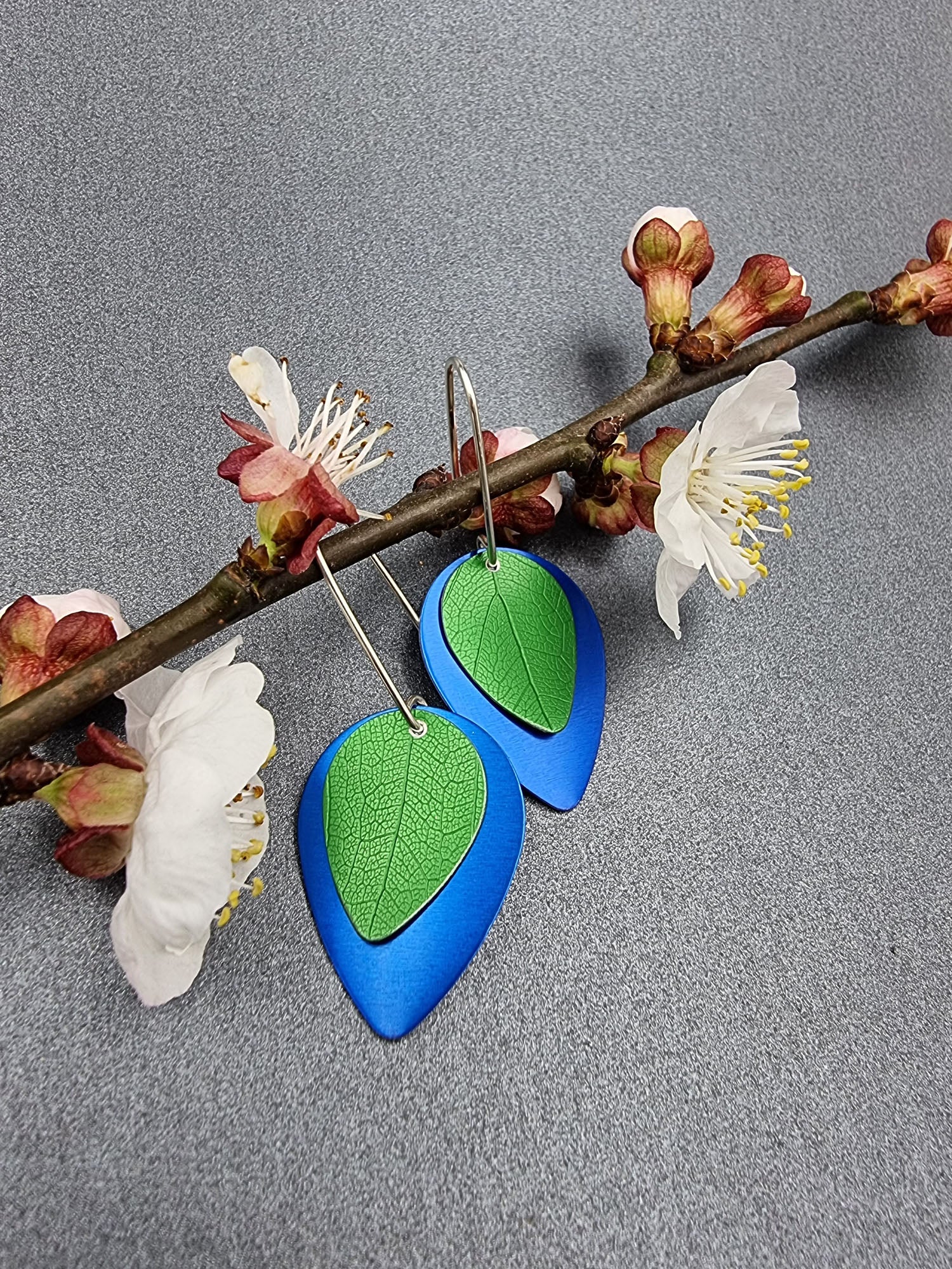 A SPRING FLING - green leaf on blue earrings-Erin K Jewellery-stride
