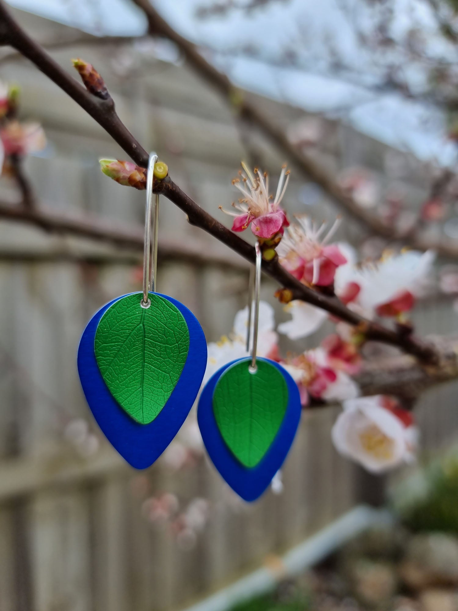 A SPRING FLING - green leaf on blue earrings-Erin K Jewellery-stride