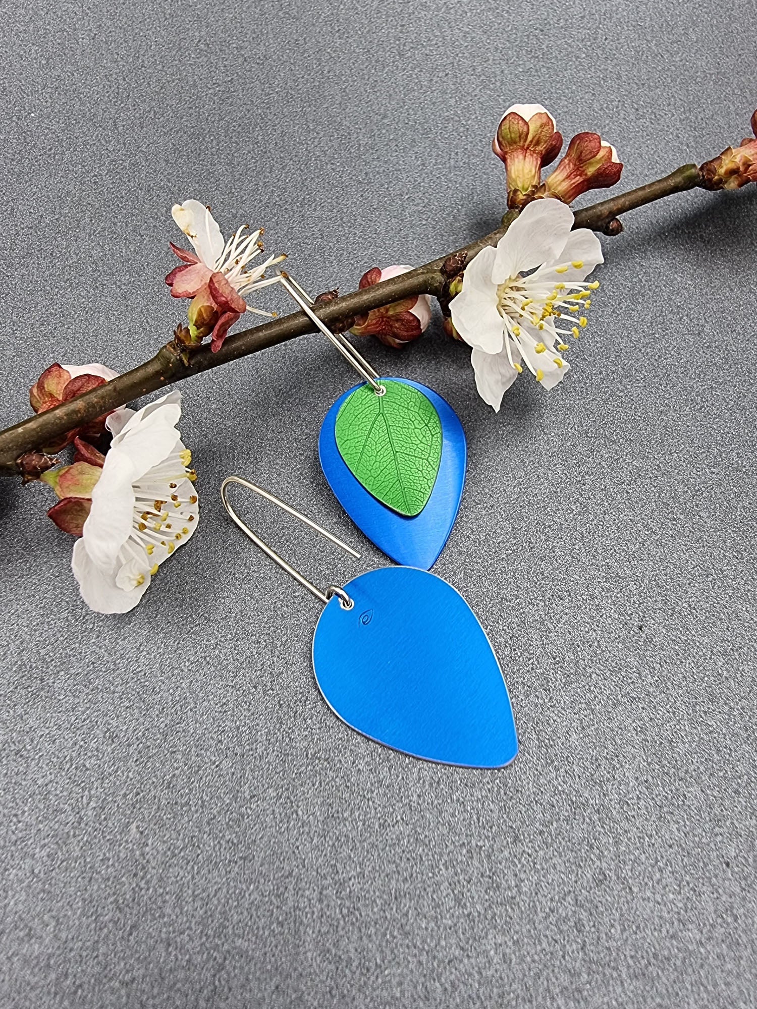 A SPRING FLING - green leaf on blue earrings-Erin K Jewellery-stride