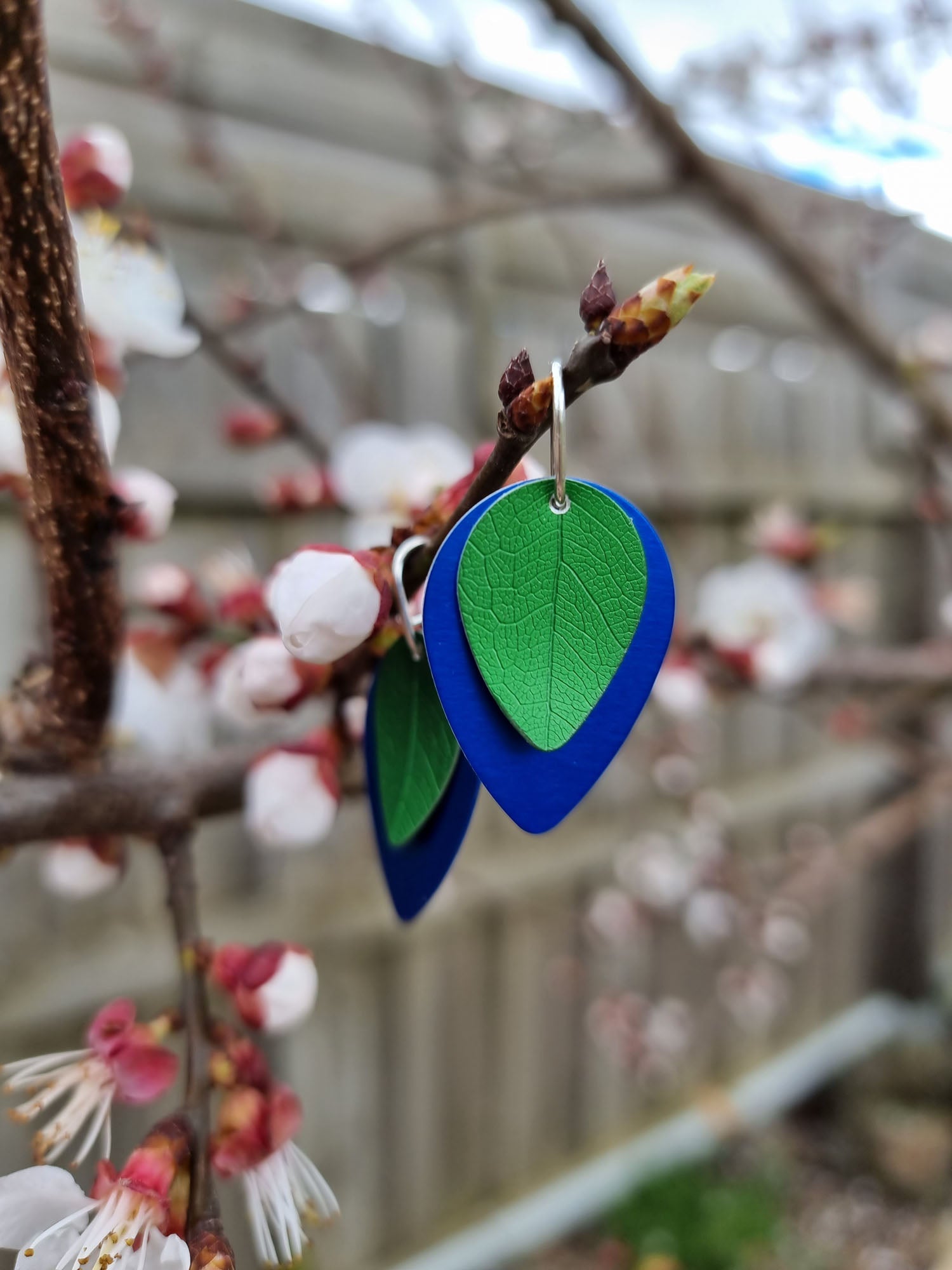 A SPRING FLING - green leaf on blue earrings-Erin K Jewellery-stride