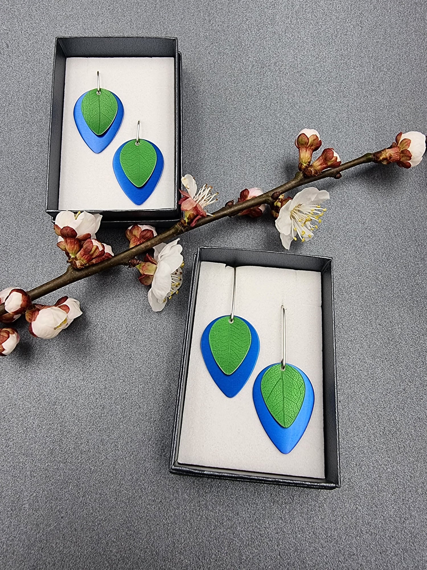A SPRING FLING - green leaf on blue earrings-Erin K Jewellery-stride