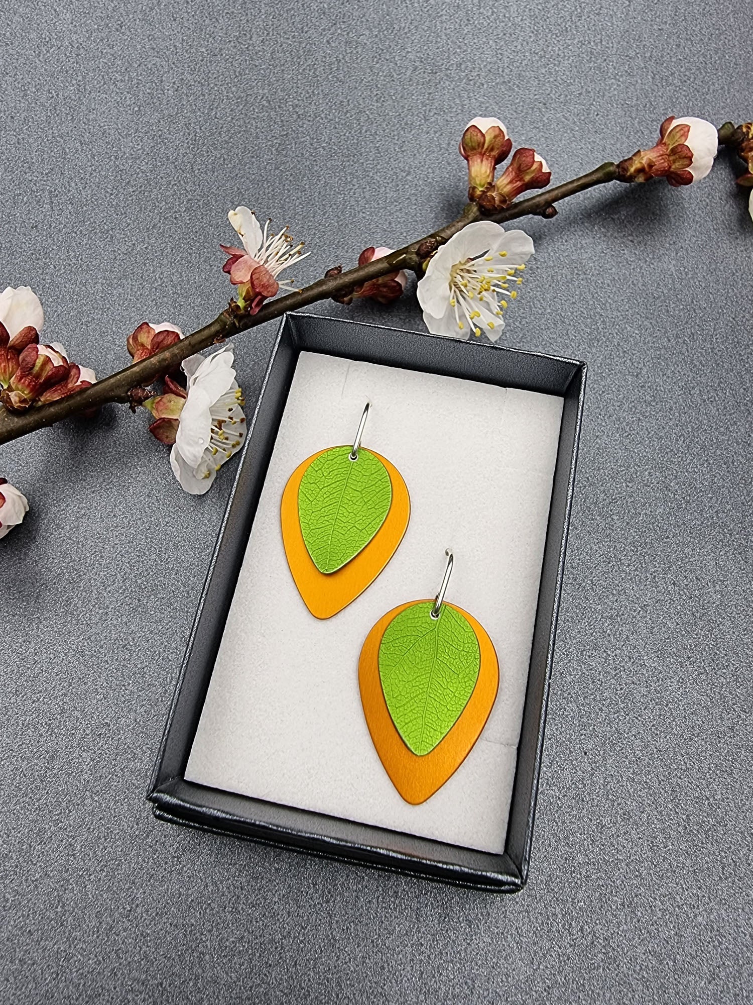 A SPRING FLING - lime leaf on orange earrings-Erin K Jewellery-stride