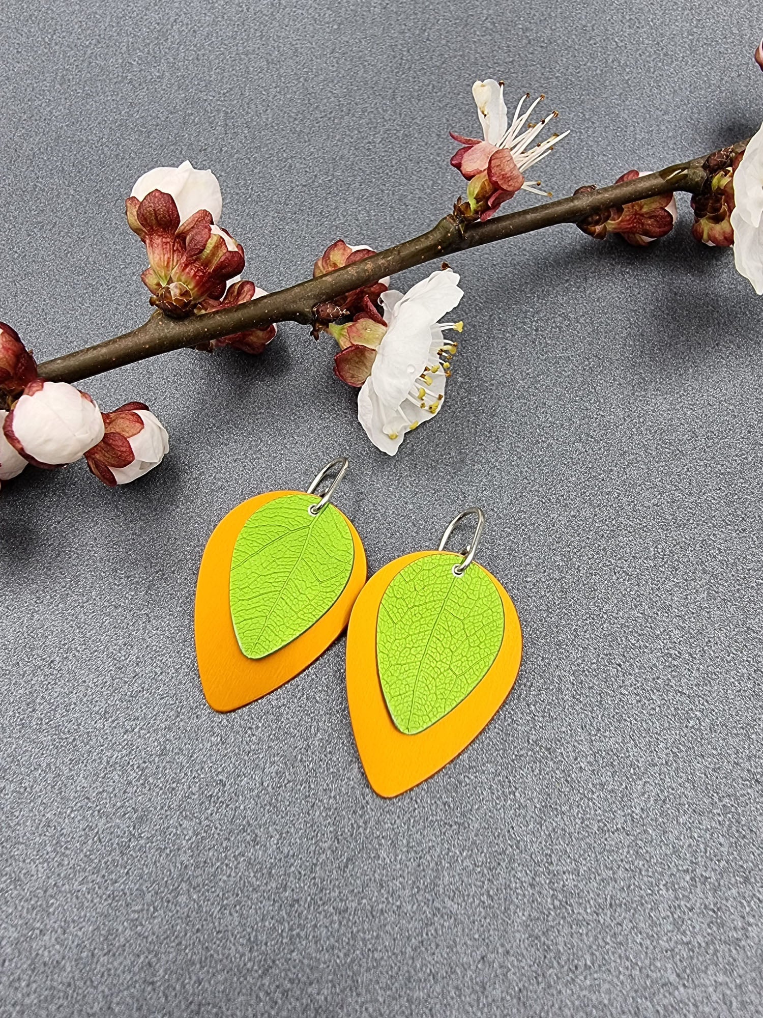 A SPRING FLING - lime leaf on orange earrings-Erin K Jewellery-stride