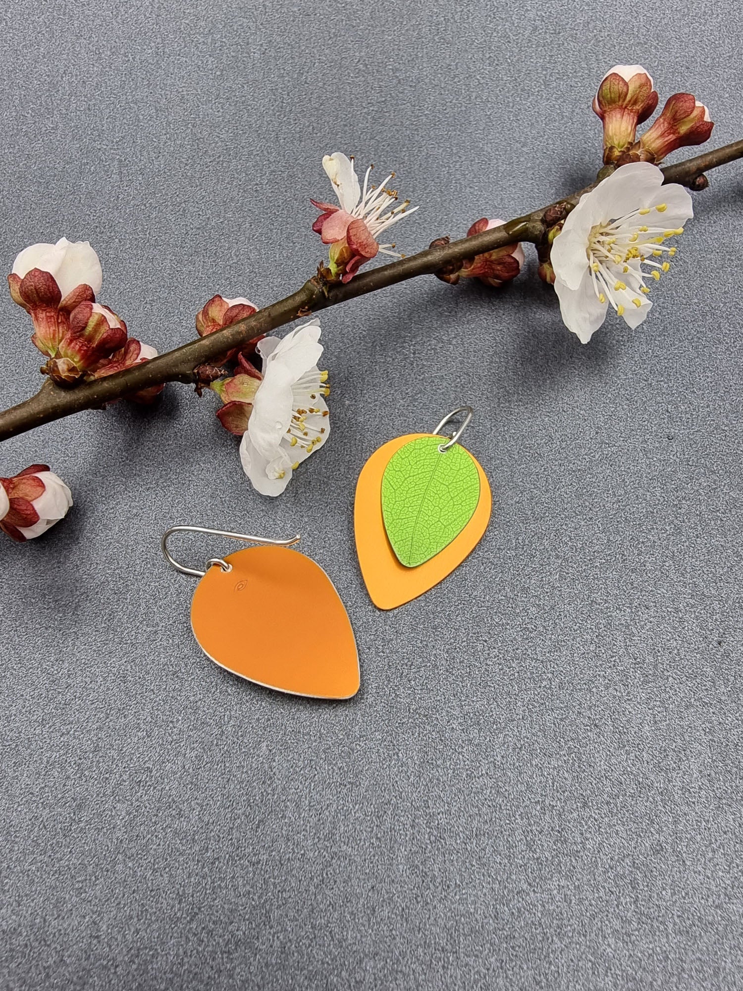 A SPRING FLING - lime leaf on orange earrings-Erin K Jewellery-stride