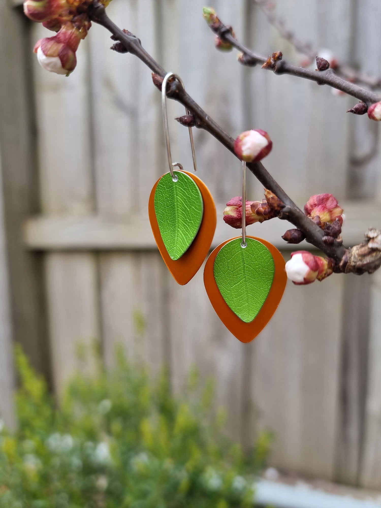 A SPRING FLING - lime leaf on orange earrings-Erin K Jewellery-stride