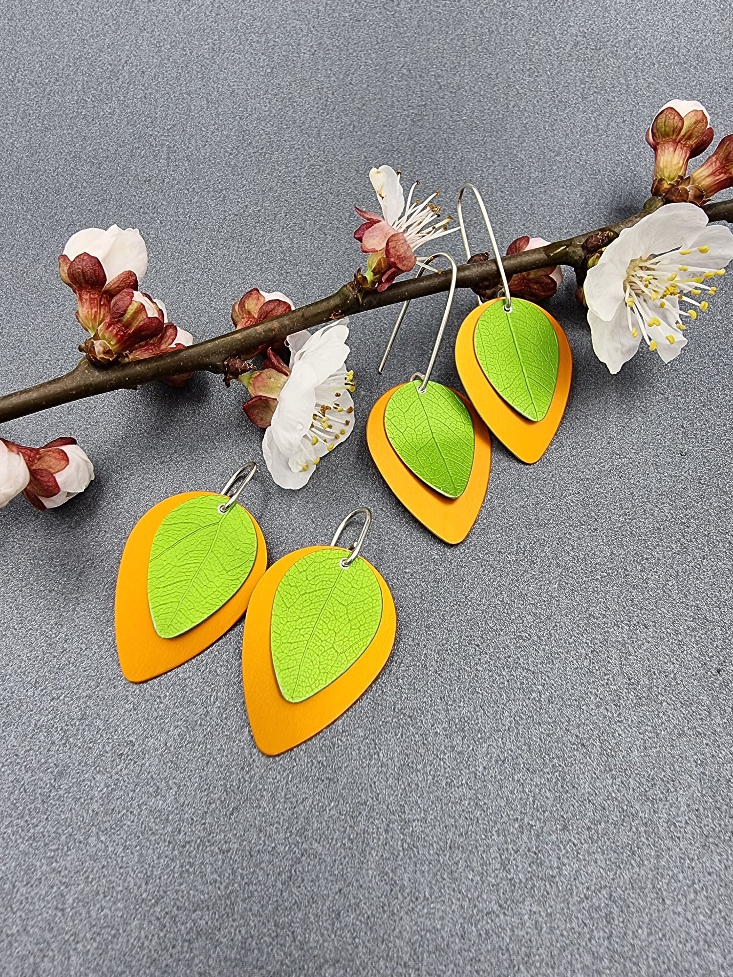 A SPRING FLING - lime leaf on orange earrings-Erin K Jewellery-stride