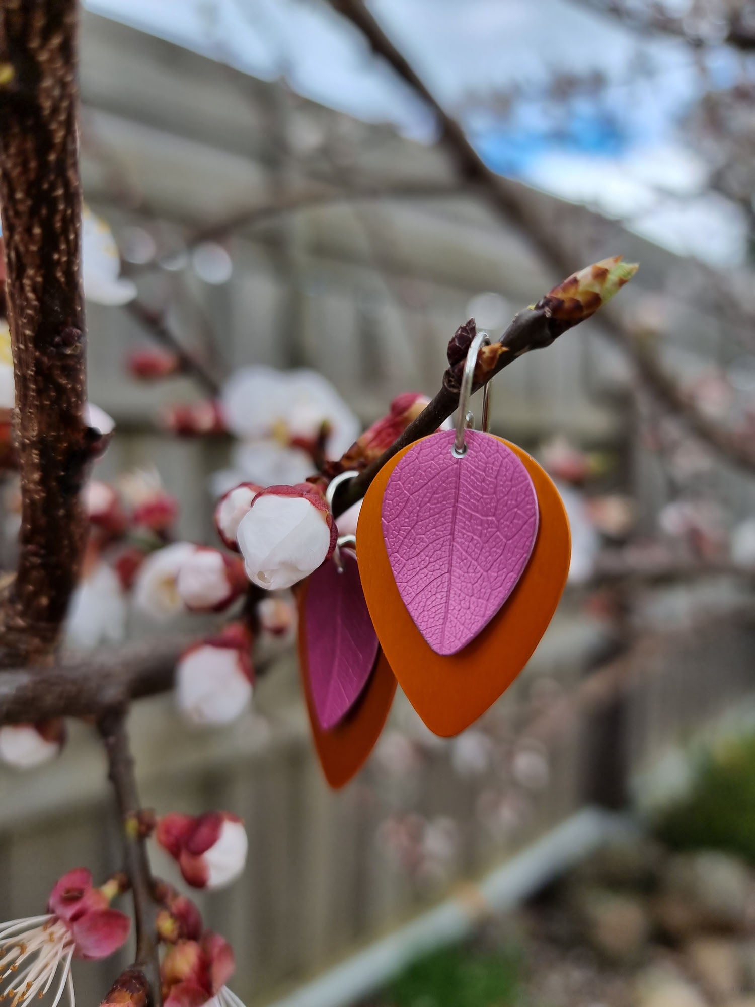 A SPRING FLING - pink leaf on orange earrings-Erin K Jewellery-stride