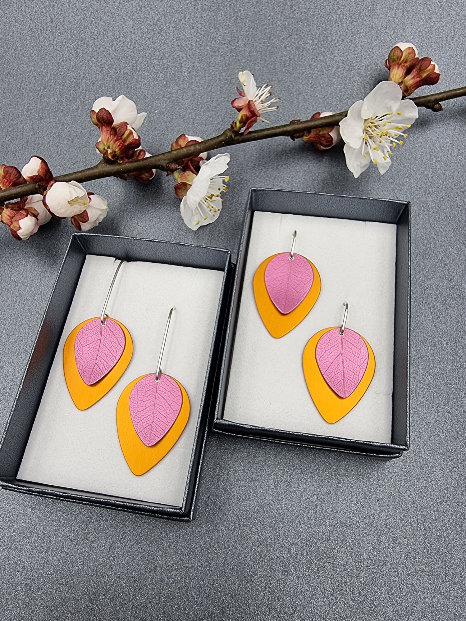 A SPRING FLING - pink leaf on orange earrings-Erin K Jewellery-stride