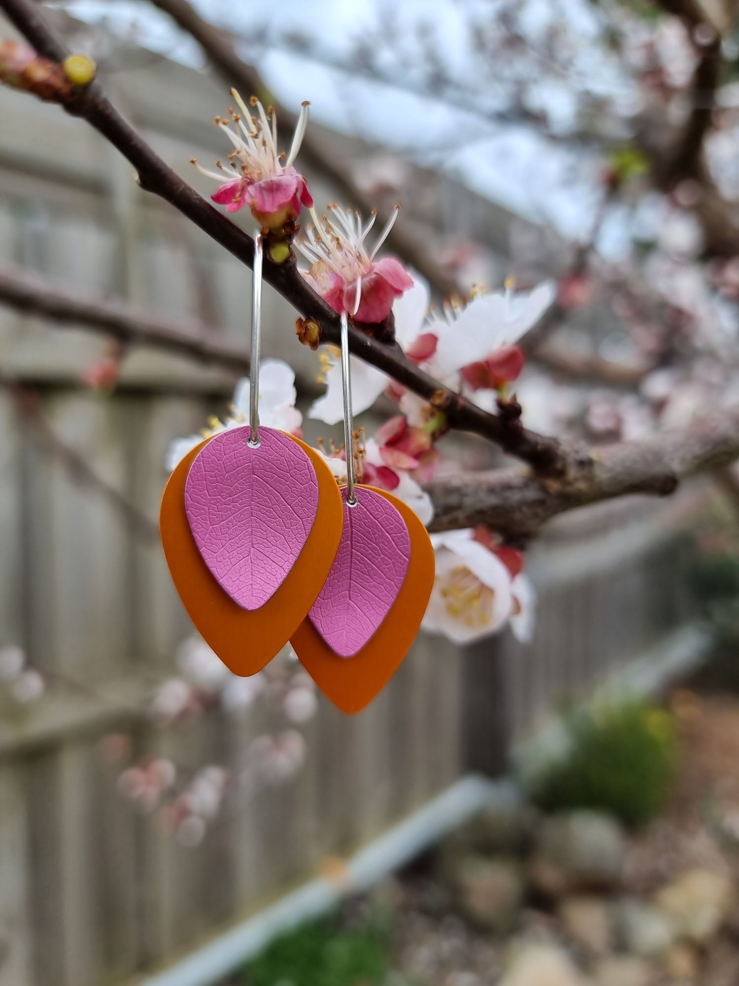 A SPRING FLING - pink leaf on orange earrings-Erin K Jewellery-stride