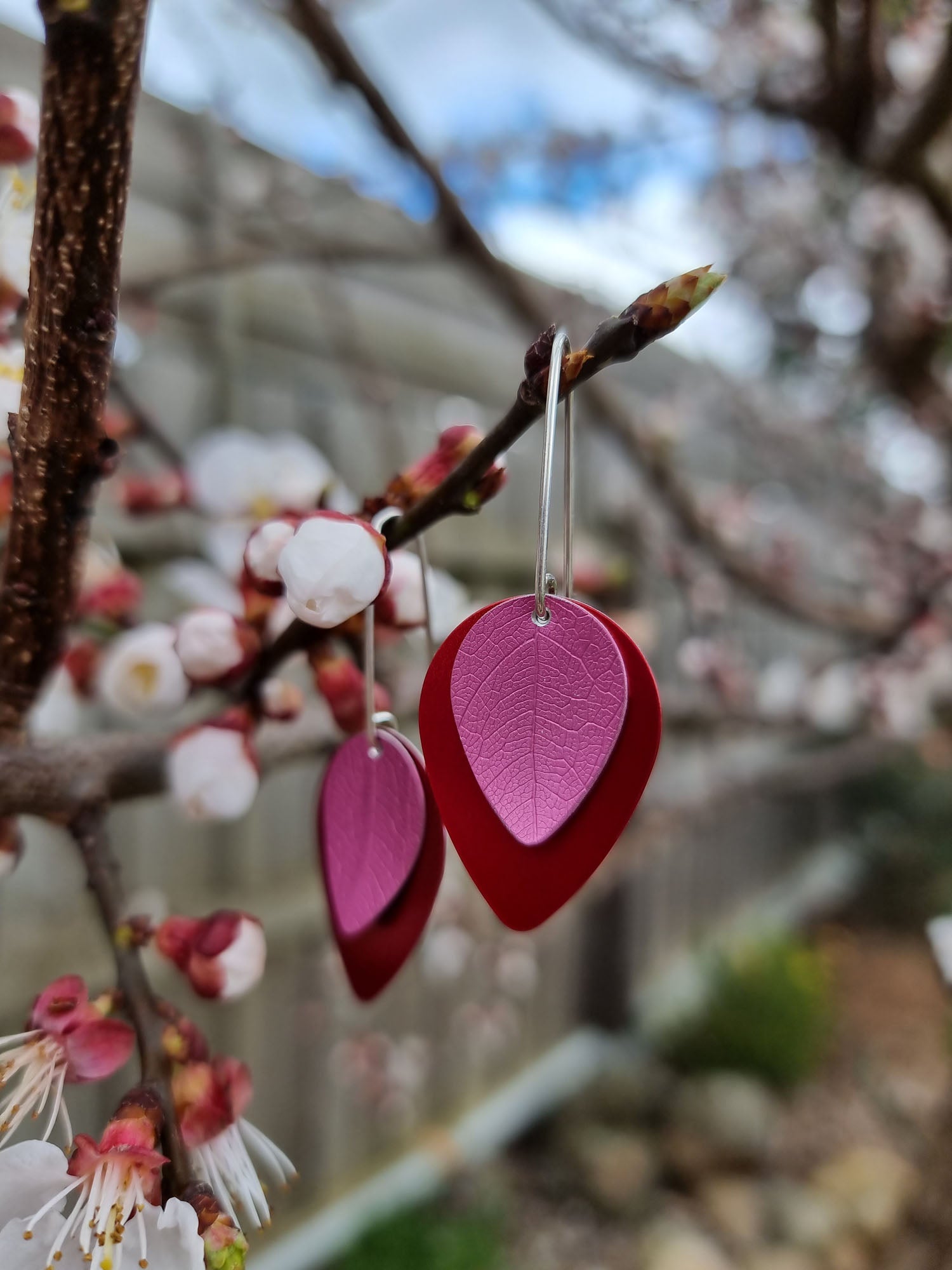 A SPRING FLING - pink leaf on red earrings-Erin K Jewellery-stride