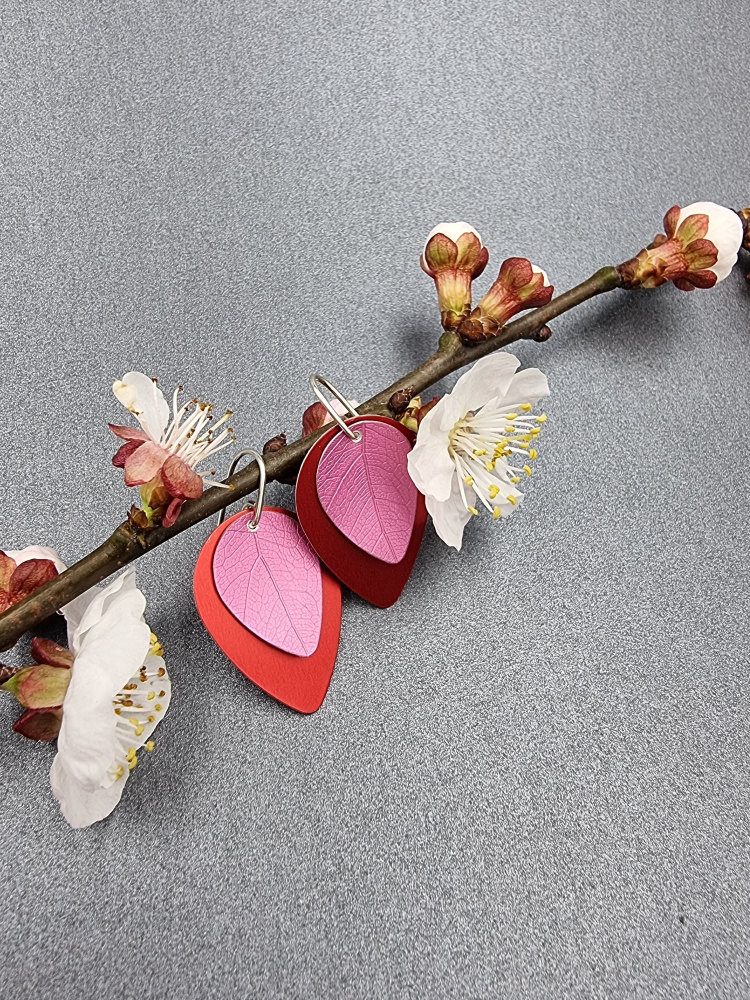 A SPRING FLING - pink leaf on red earrings-Erin K Jewellery-stride