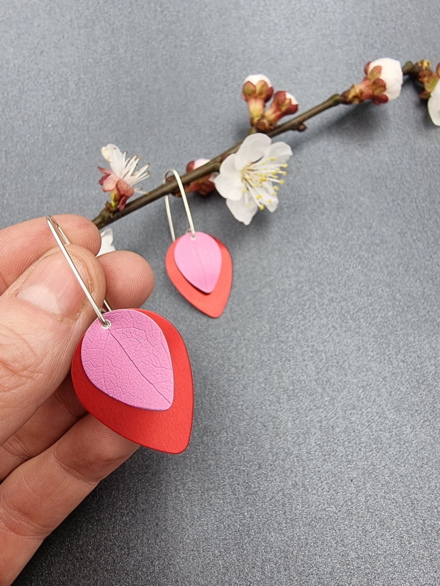 A SPRING FLING - pink leaf on red earrings-Erin K Jewellery-stride