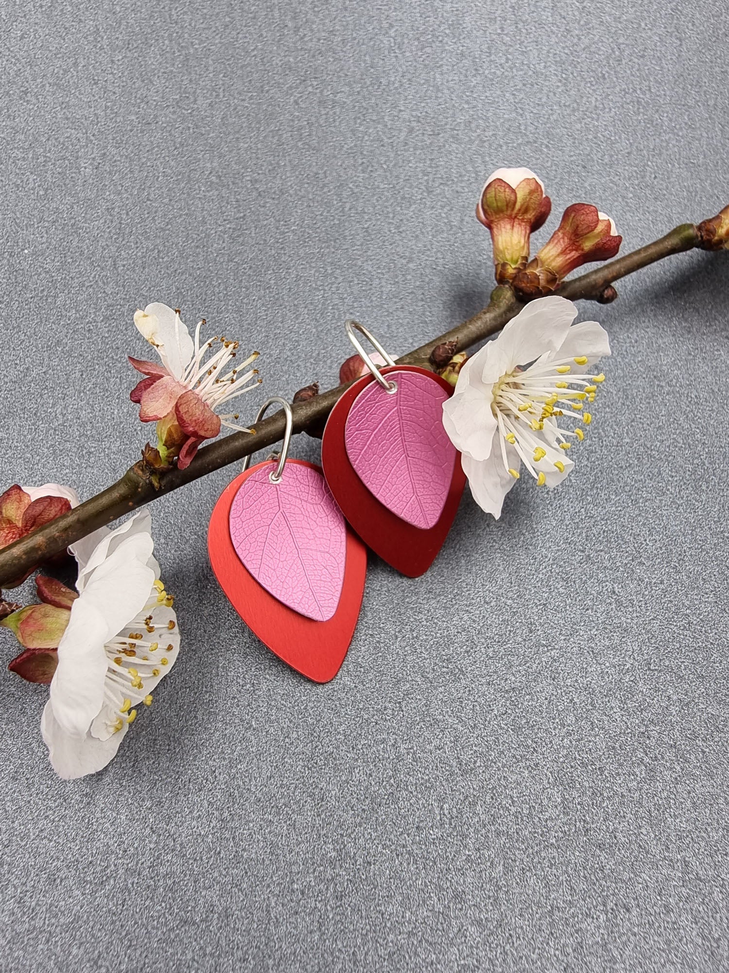 A SPRING FLING - pink leaf on red earrings-Erin K Jewellery-stride