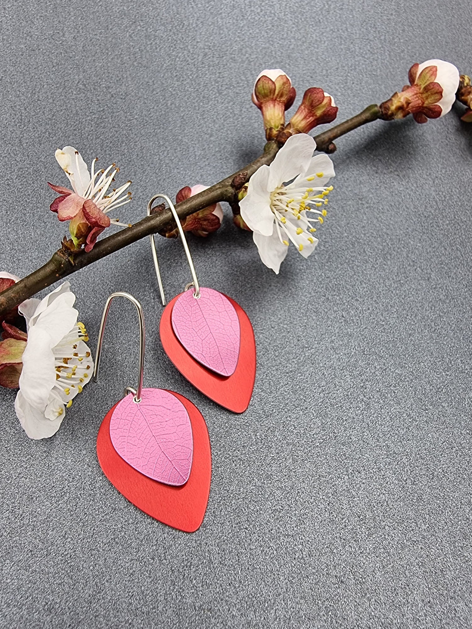 A SPRING FLING - pink leaf on red earrings-Erin K Jewellery-stride