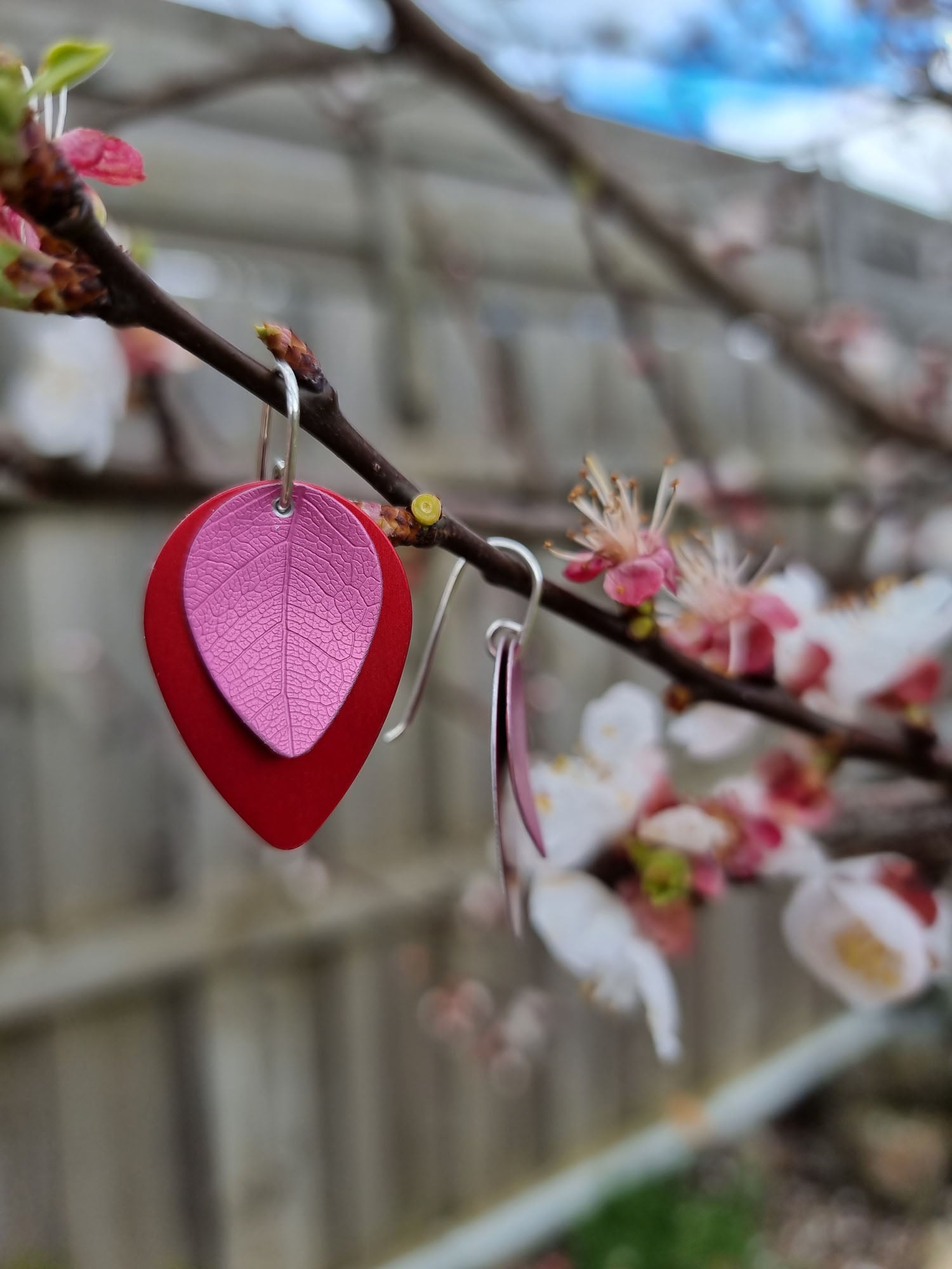 A SPRING FLING - pink leaf on red earrings-Erin K Jewellery-stride