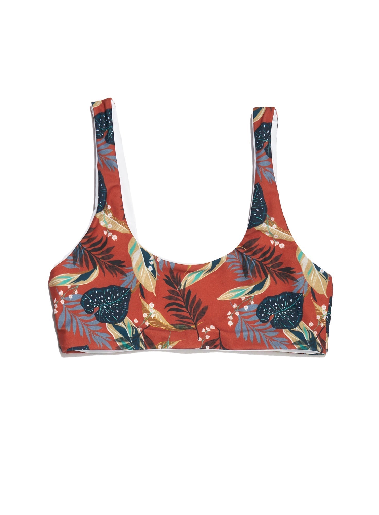 Ayla White/Terracotta Tropical Print Reversible Crop Top-Yindi & Salt-stride